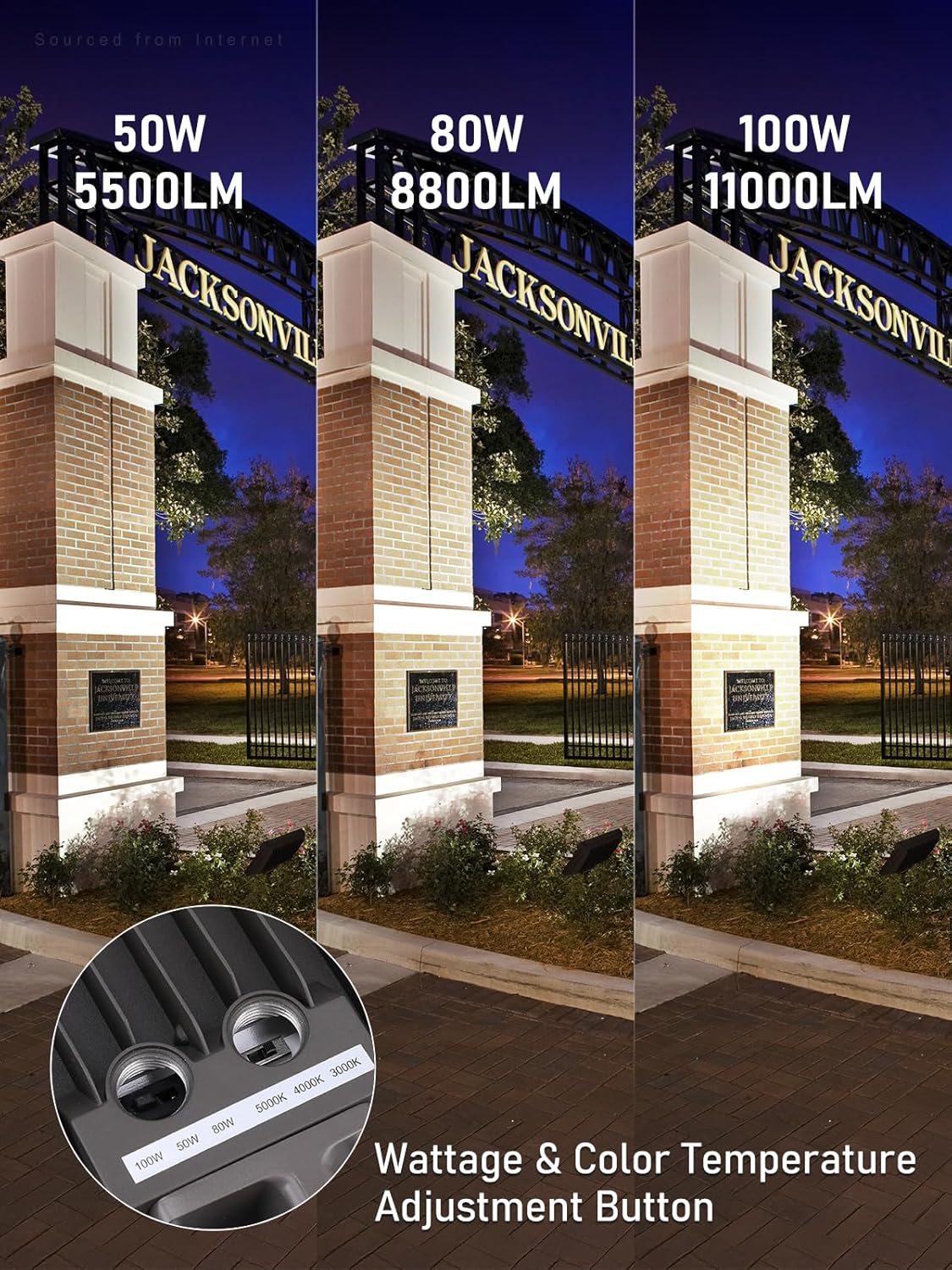 LEONLITE 100W/80W/50W Adjustable LED Flood Light Outdoor with Knuckle Mount, UL Listed, 5000K/4000K/3000K Selectable, 120/277V, Security Flood Lighting for Yard, Garage, IP65 Waterproof, Brown