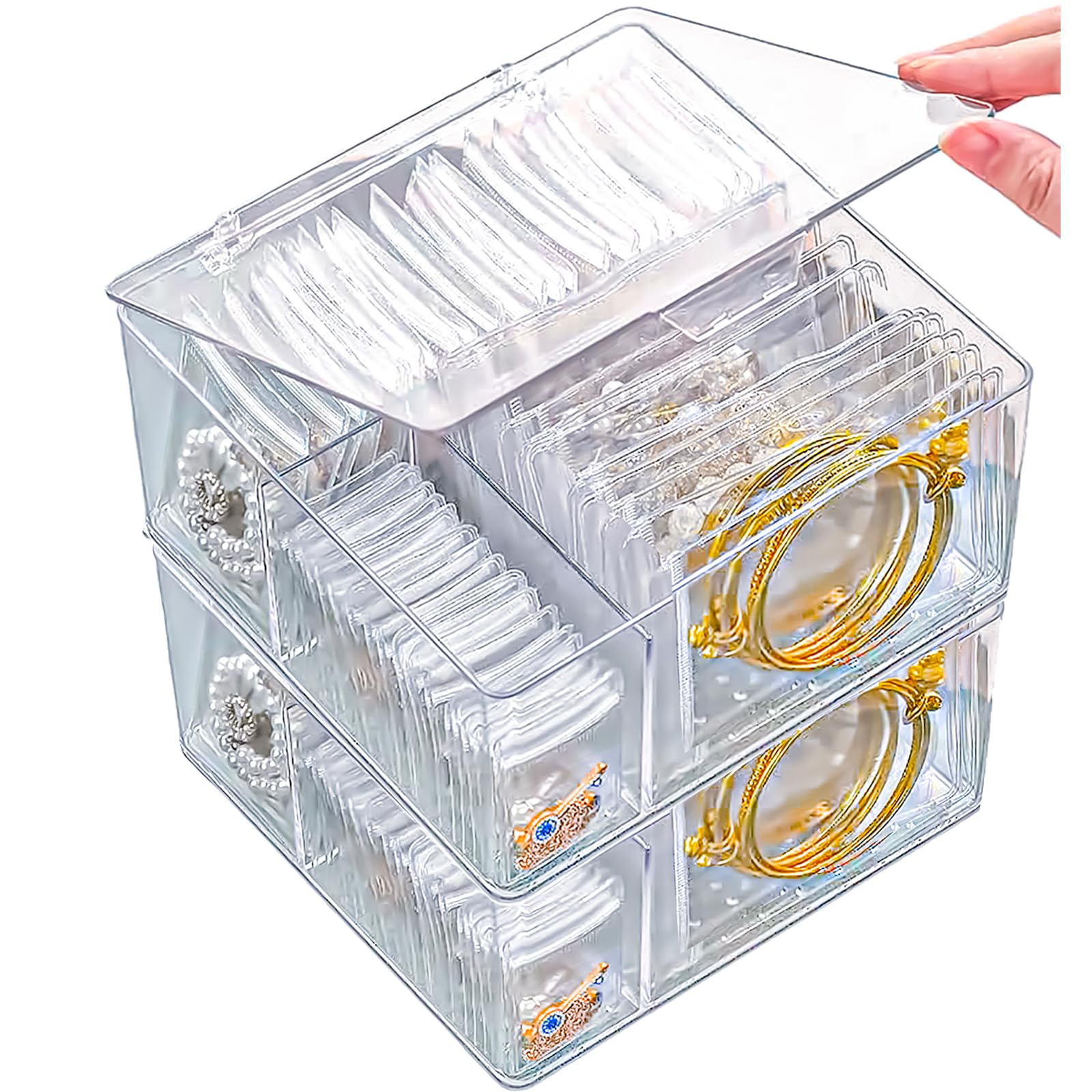Photo 1 of 2 Pack 4 In 1 Acrylic Jewelry Organizers and Storage with 120 Portable Anti Tarnish Jewelry Bags, Clear Jewelry Box Organizer, Travel Jewelry Case for Earrings/Rings/Necklaces for Women Girls