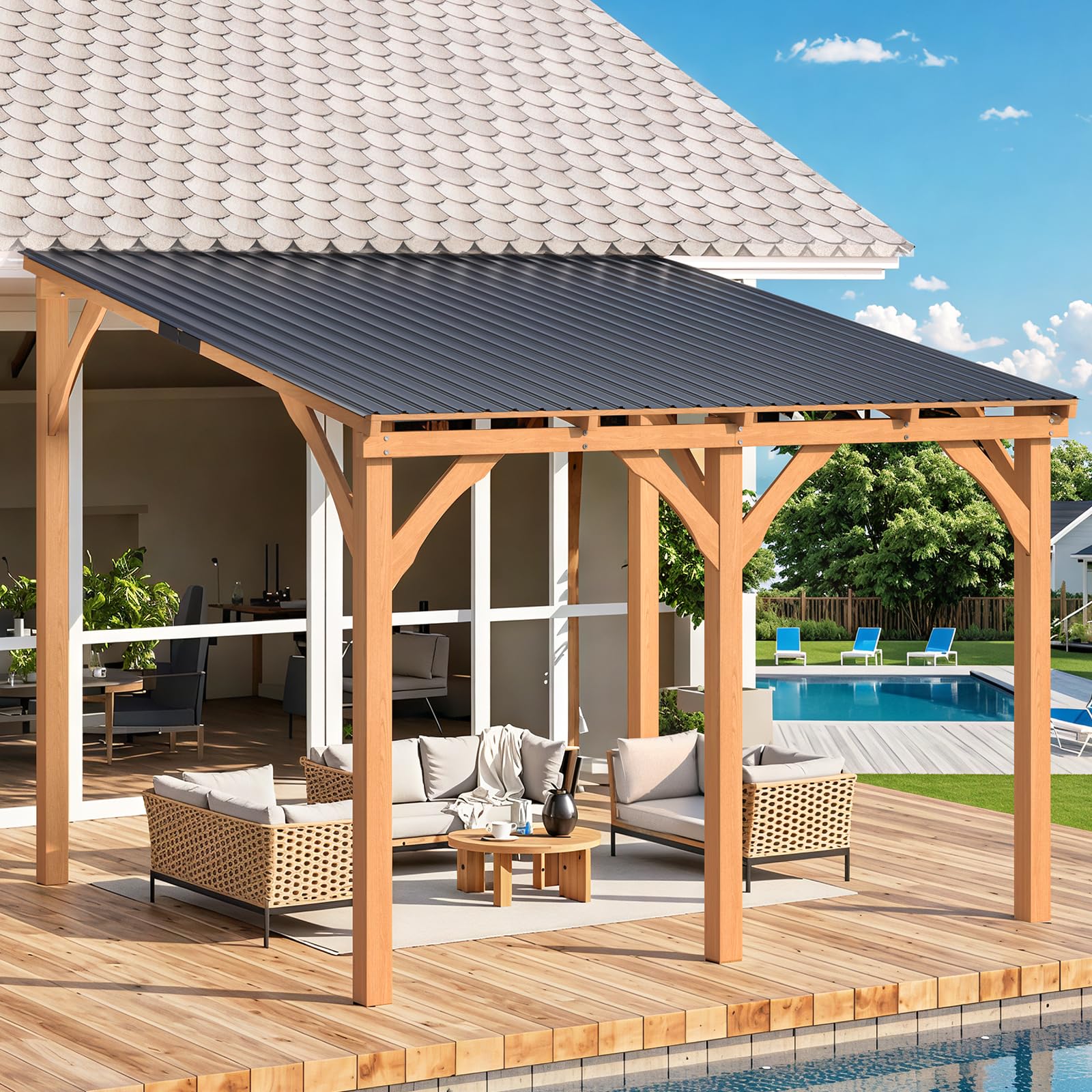 YODOLLA Outdoor Wood Gazebo 10' x 10', Lean to Hardtop Cedar