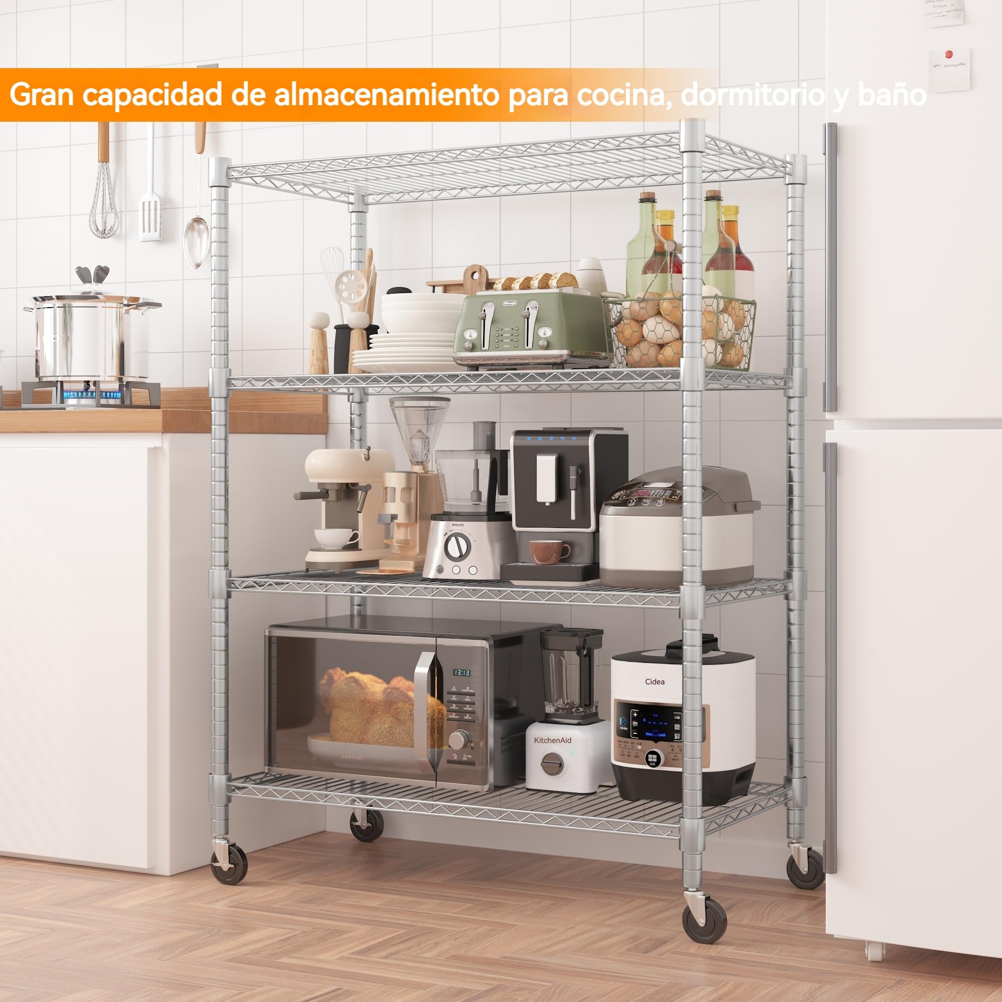 Himimi Estantería de Alambre 4 Niveles con Ruedas, Altura Ajustable, 500 kg, 90x45x183 cm