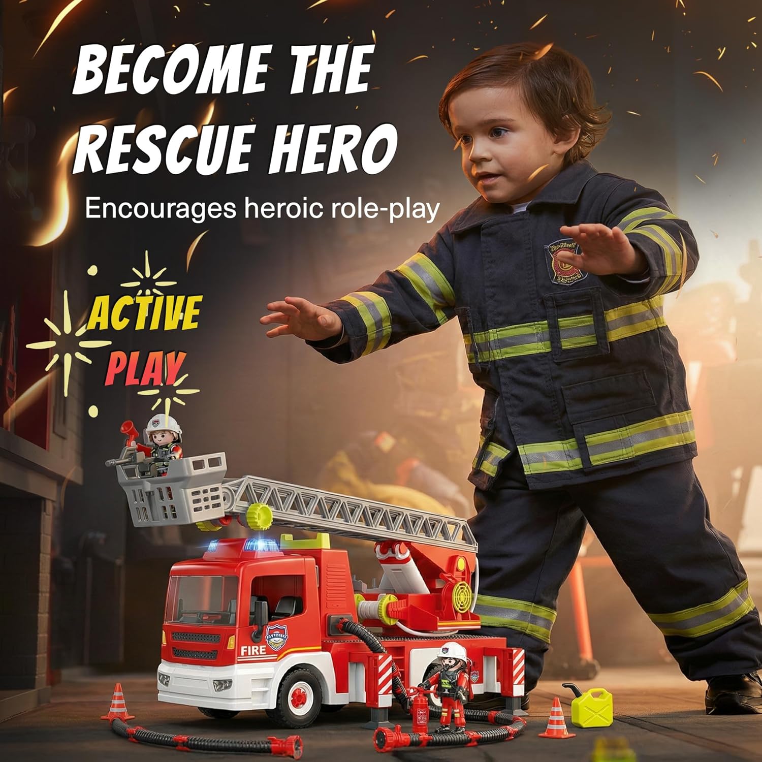 Toy Ladder Fire Truck Toy – Firefighter Fire Truck with Extendable Fire Ladder, Toy Truck for Kids, Perfect Firefighter Gift for Pretend Play Fun