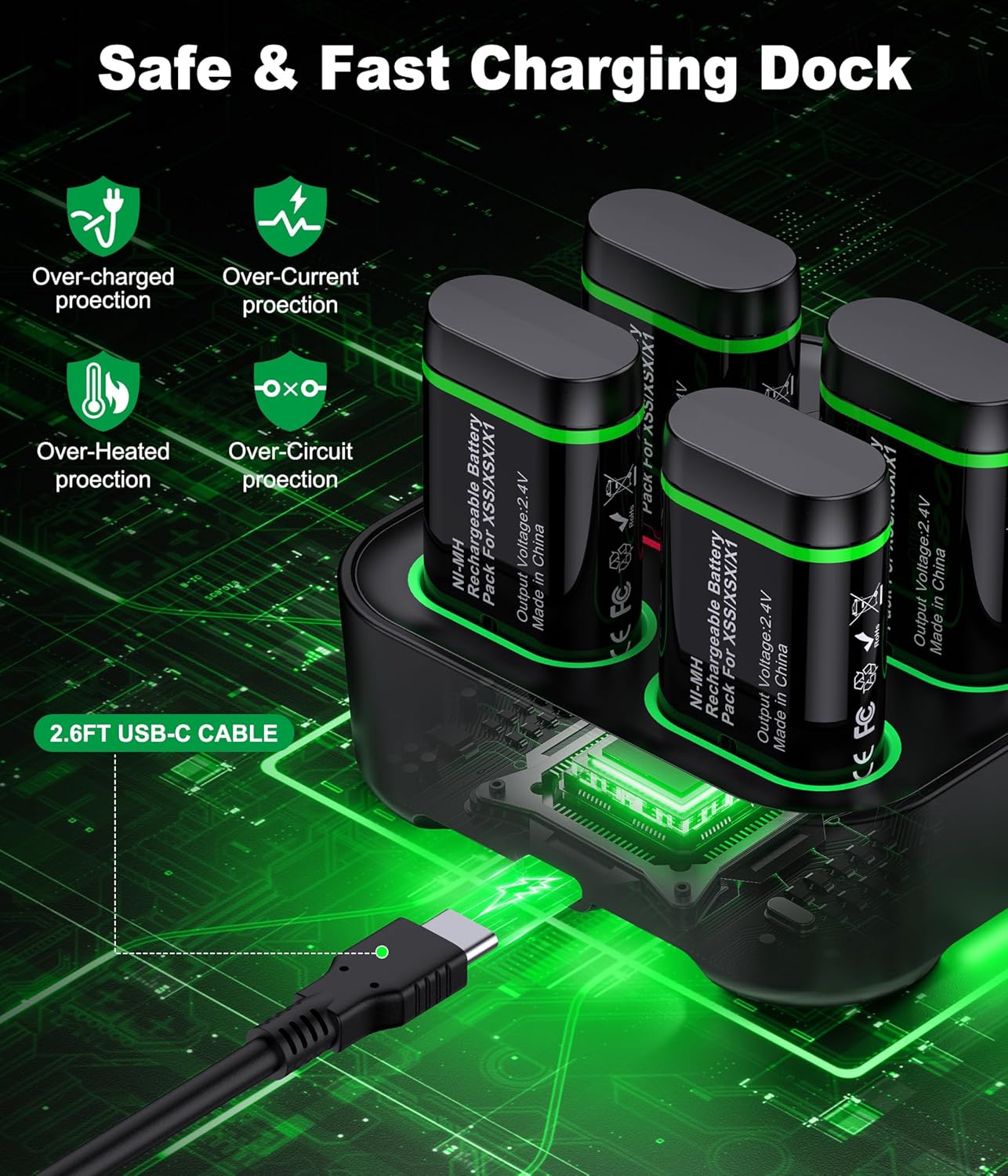 NinjajoyOX Fast Charging Rechargeable Battery Packs with Light Control, 4 x 4800mWh Controller Batteries with Battery Charging Dock/Station for One/Series X|S, One S/X/Elite - Image 4