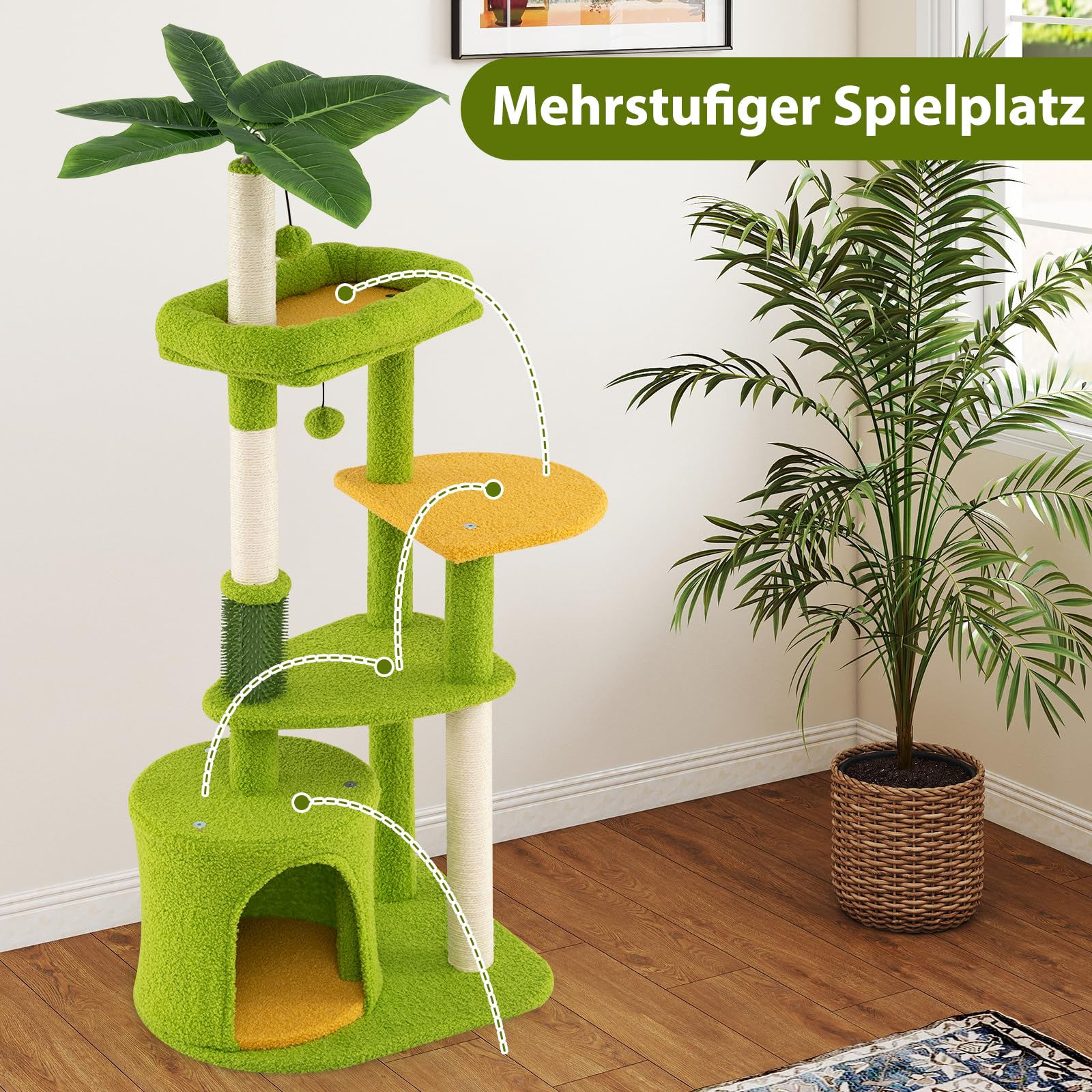 COSTWAY Kratzbaum, Katzenbaum mit Katzenhöhle, künstlichen Blättern, Katzenbürste, Liege, Sisal-Kratzpfosten, Plattformen & Bällen, Kletterbaum Katzen Katzenkratzbaum, 122 cm hoch, Grün+Orange