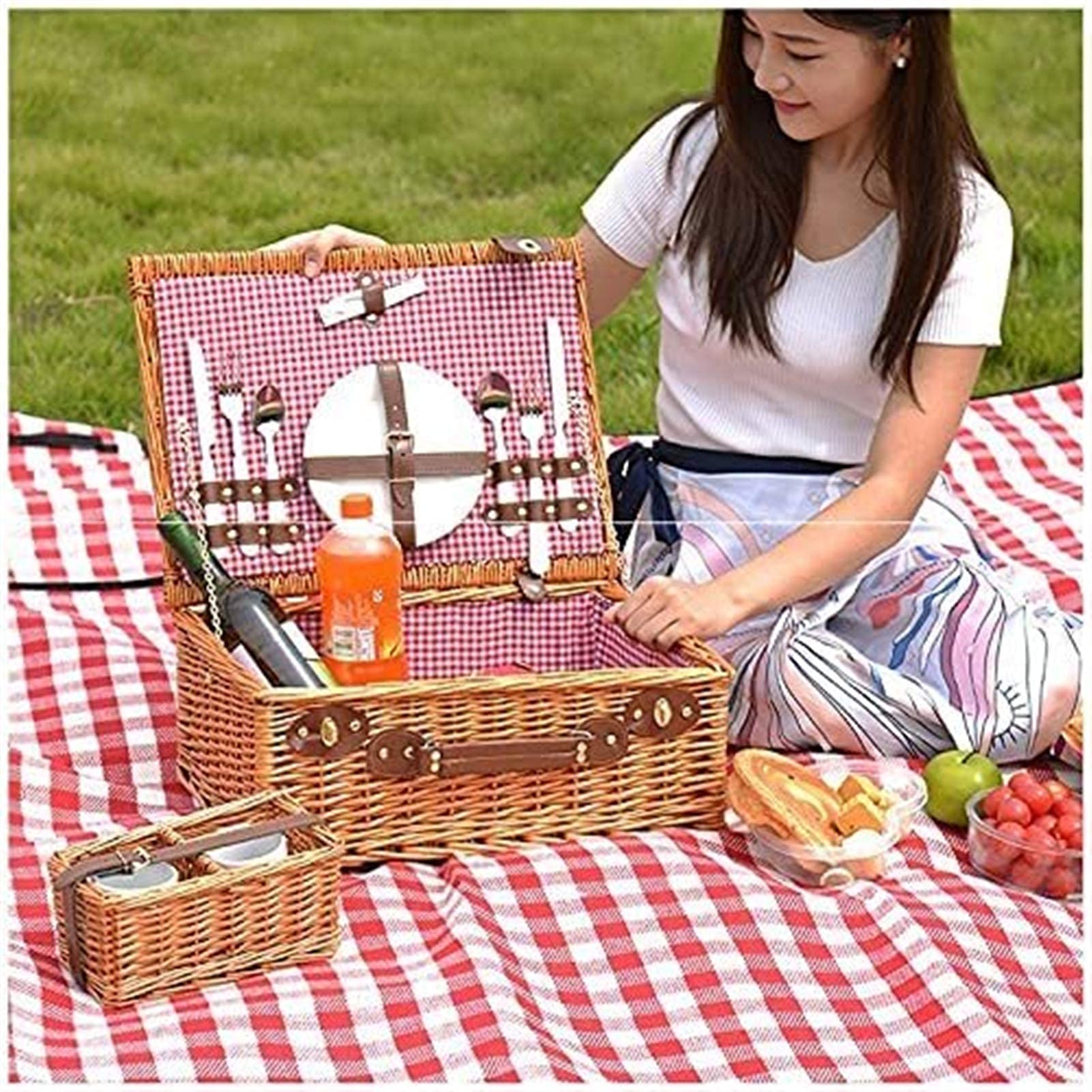 Picnic De Mimbre para 4 Personas, Cesta De Picnic, Cesta De La Compra Plegable con Tapa, Listón De Sauce Grande con Compartimento Térmico Aislado
