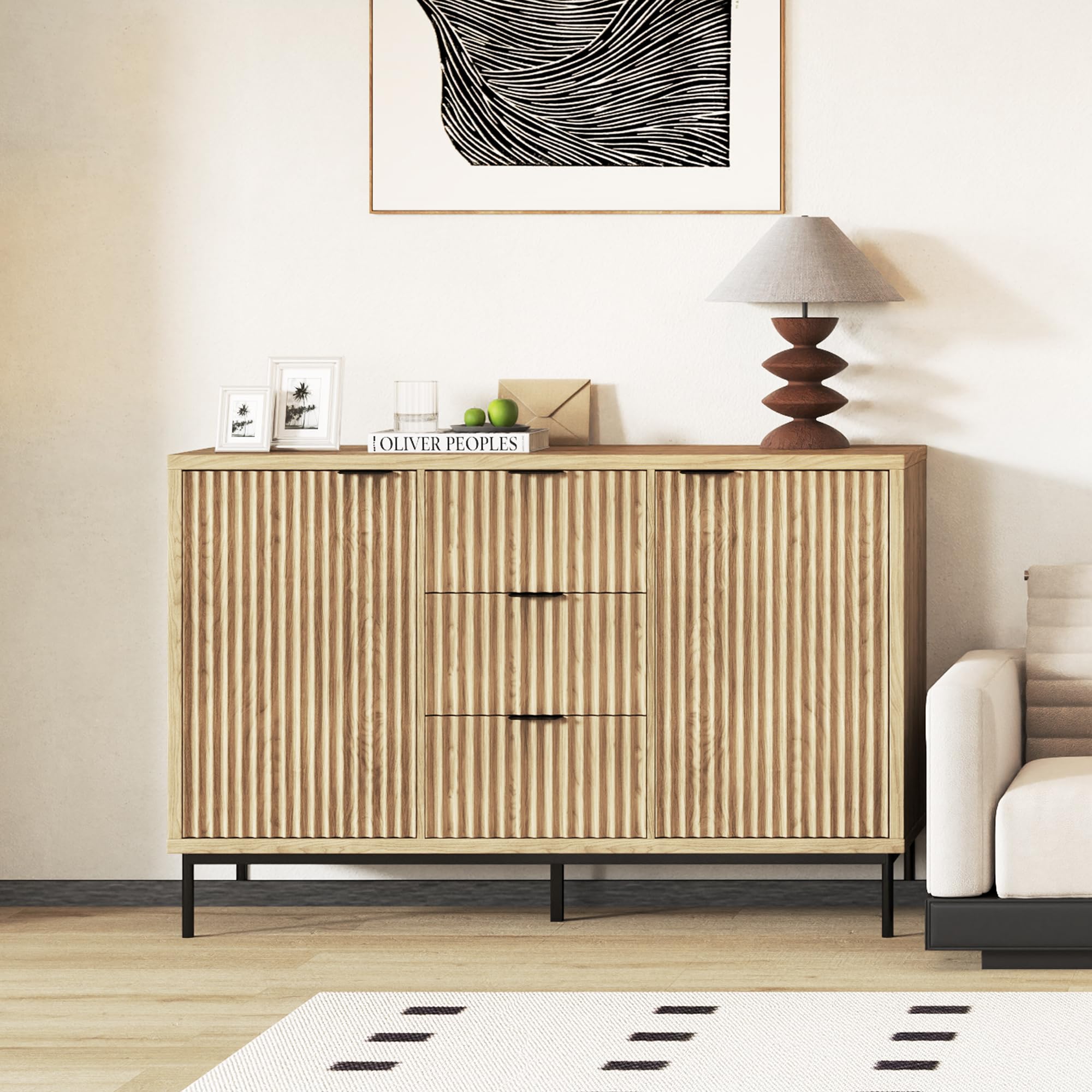 Winlice Fluted Buffet Cabinet with Storage, Modern Sideboard with 2 Doors 3 Drawers and Adjustable Shelf, Coffee Bar Cabinet Credenza Buffet Table for