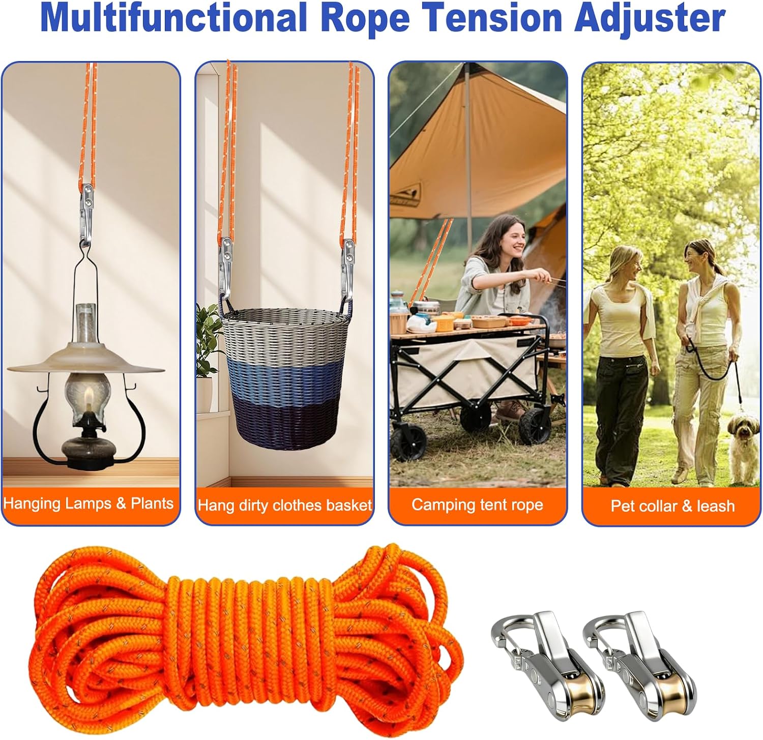 6 Pack Heavy Duty Rope Tensioner with Quick Release Pulley System Reflective Utility Cord & Tarp Guyline Adjuster Kit Secure Self Locking Fastener for Camping Tents, Kayaks & Cargo Roof Racks