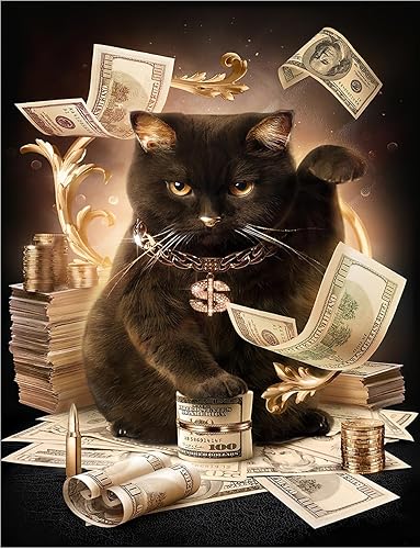 Póster divertido de dólar con diseño de gato de la suerte negro con texto en inglés, arte de pared para amantes de los gatos, arte de oro negro,
