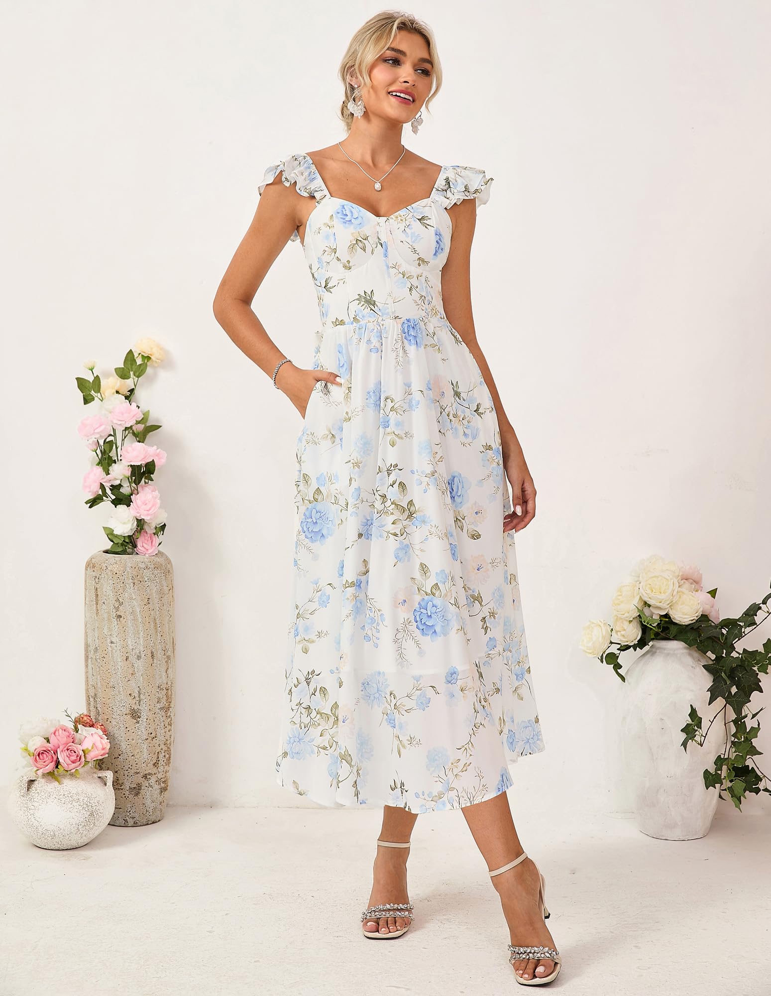 GRACE KARIN Vestido de verano con tirantes delgados para mujer, ligero, de gasa, floral, acampanado, con bolsillos, para boda y fiesta