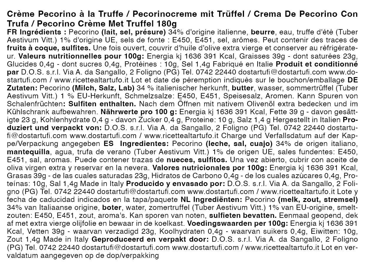 DOS Tartufi - Crema de Queso Pecorino con Trufas | Producción Artesanal Italiana | Para Entrantes y Platos Principales | 180g
