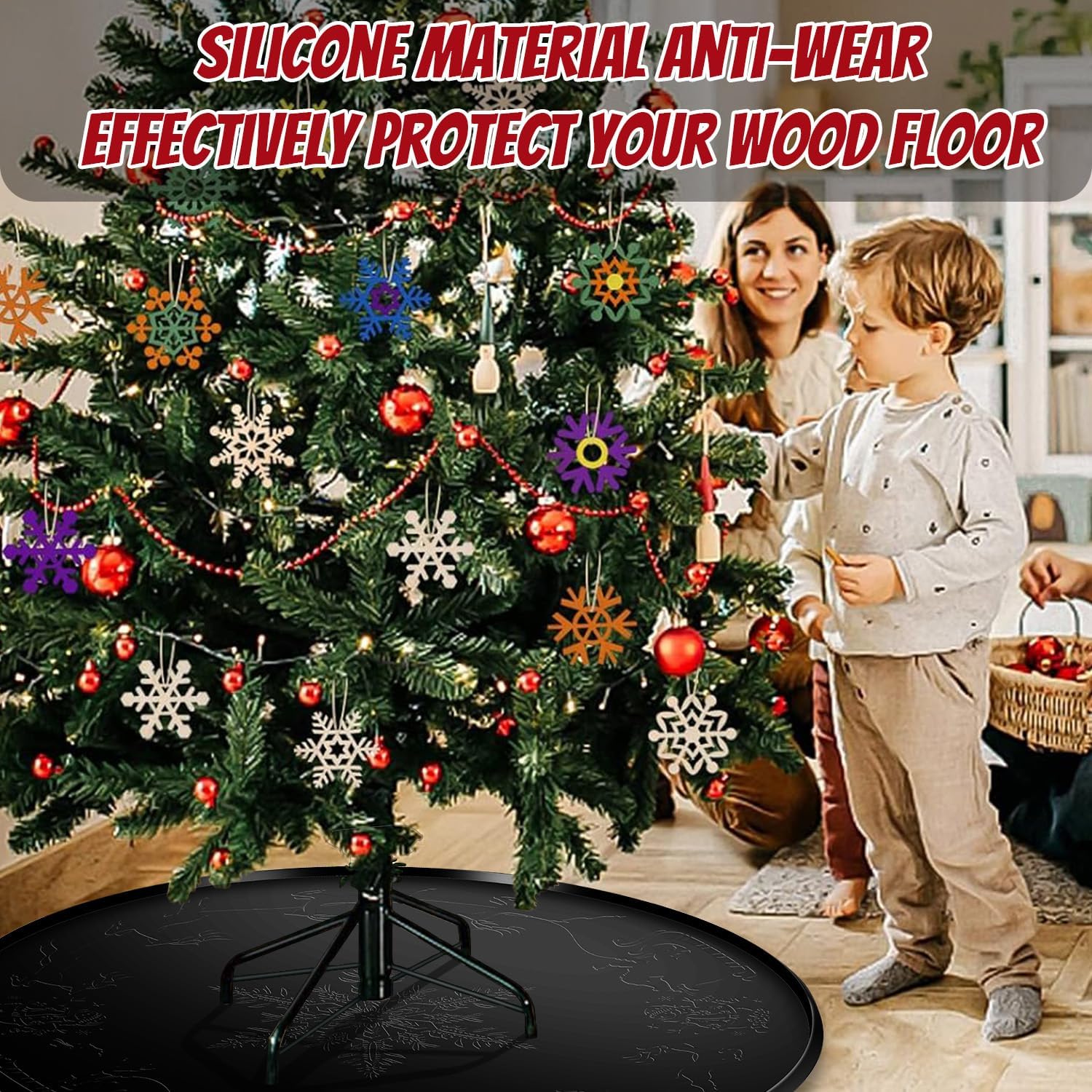 LURKA 31 Inch Christmas Tree Stands Mat with Embossed Christmas Design, Heavy Duty Christmas Tree Floor Protector, Waterproof Under Tree Pad for Christmas Tree Stand, Christmas Tree Floor Mat （Black）