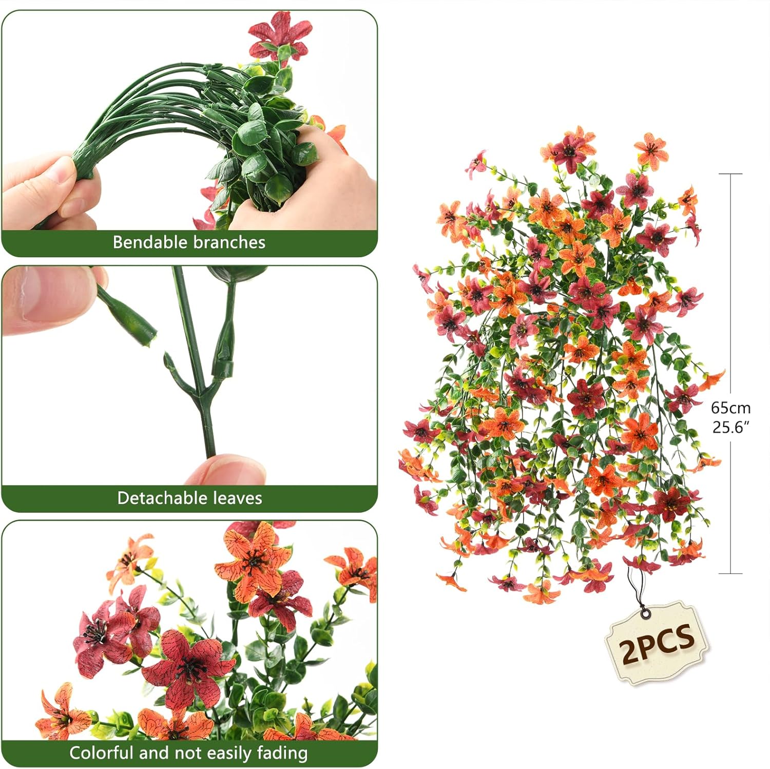 Artificial Faux Mums Fall Hanging Flowers for Outdoor Decoration,2 Pack Fake Silk Plants Daisy Realistic UV Resistant Summer Decor for Home Indoor Porch Patio Balcony Yard Autumn Decor (Brown Orange) - Image 2