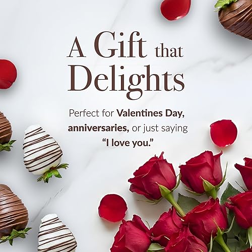 Miniatura 5 de Shari's Berries Juego de regalo de 12 rosas rojas clásicas y 12 fresas cubiertas de chocolate | Caja de regalo de chocolate y flores frescas | Día