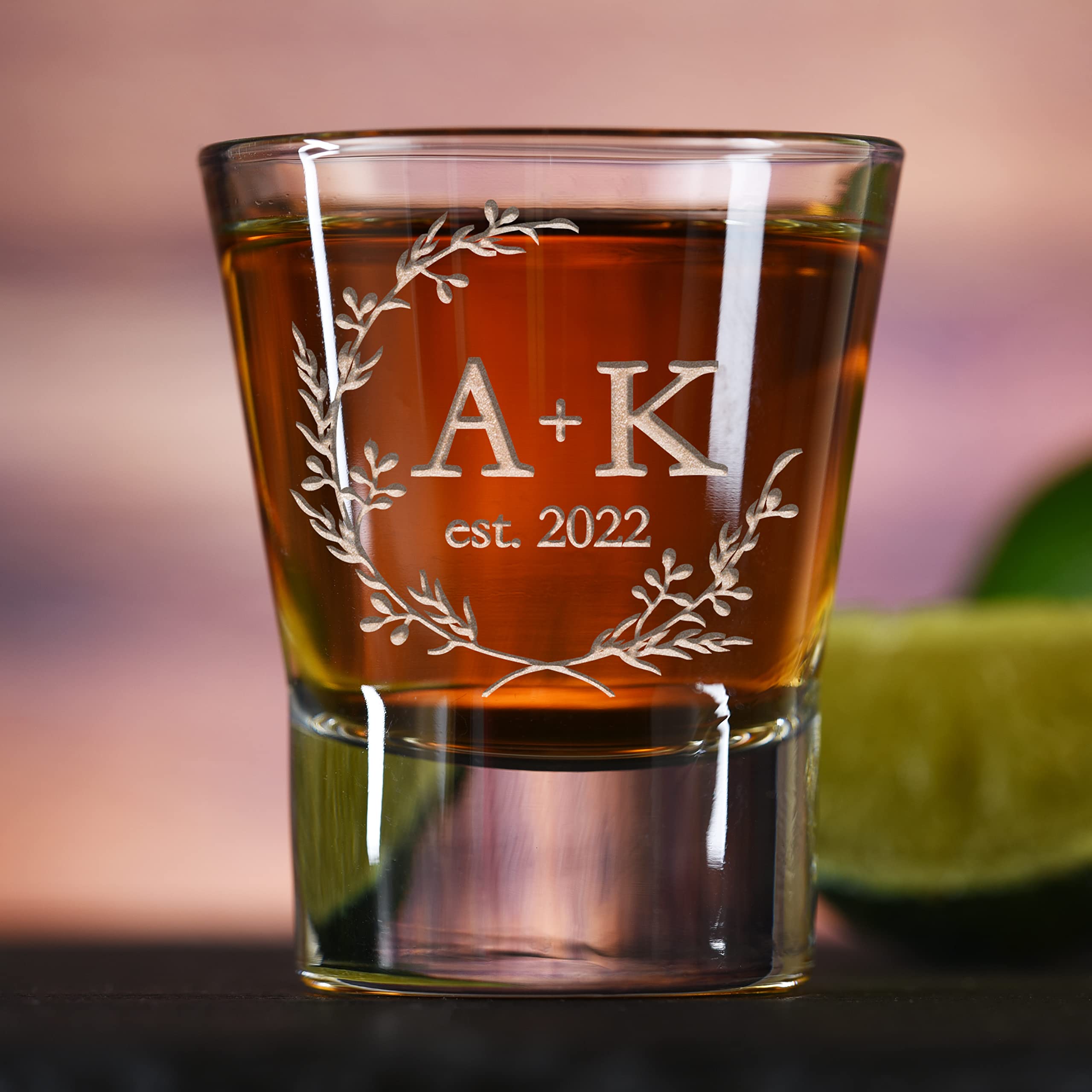 Custom Established Date With Initials Wedding Favor Shot Glass (Set of 2)