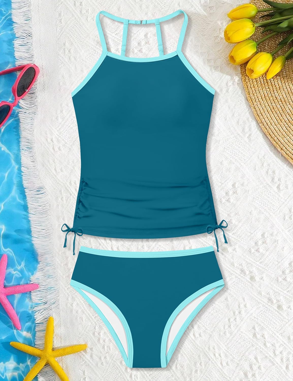Girls Tankini Swimsuits Two Piece Bathing Suit Ruched Drawstring Swimwear Set for Girls 9-16 Years - Image 5