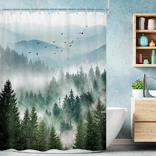 Miniatura 40 de Riyidecor Cortina de ducha de montaña verde rústica para baño, paisaje de bosque, paisaje, tela impermeable, paisaje alpino, decoración de baño