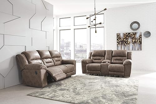 Miniatura 2 de Signature Design by Ashley Stoneland Faux Leather Manual Double Reclining Loveseat with Center Console, Light Brown