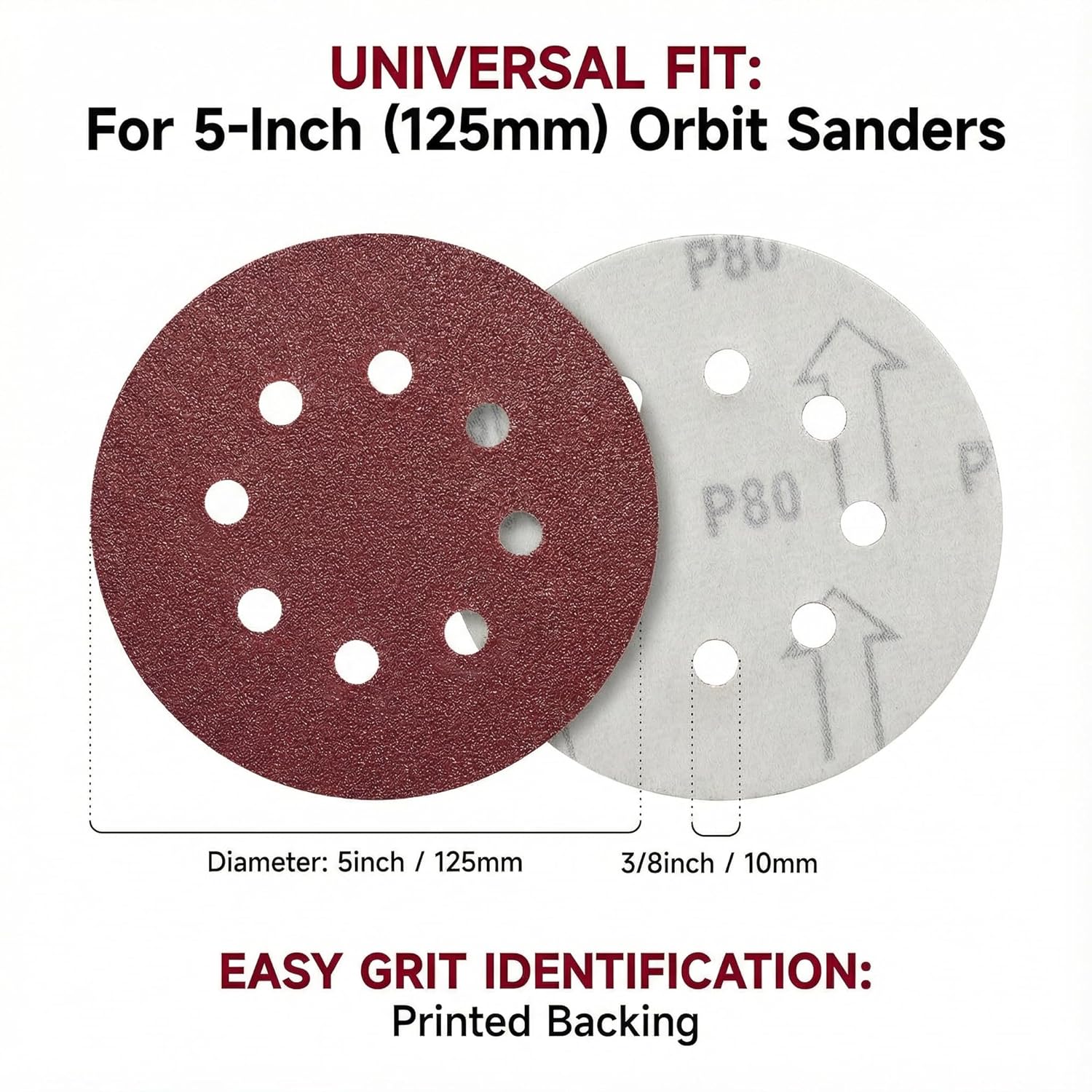 40Pcs 5Inch 8-Hole Hook and Loop Sanding Discs, Assorted Grit Red Sandpaper Pads for Orbital Sander, Includes 40/60/80/120/180/320 Grit for Wood Metal Car Paint