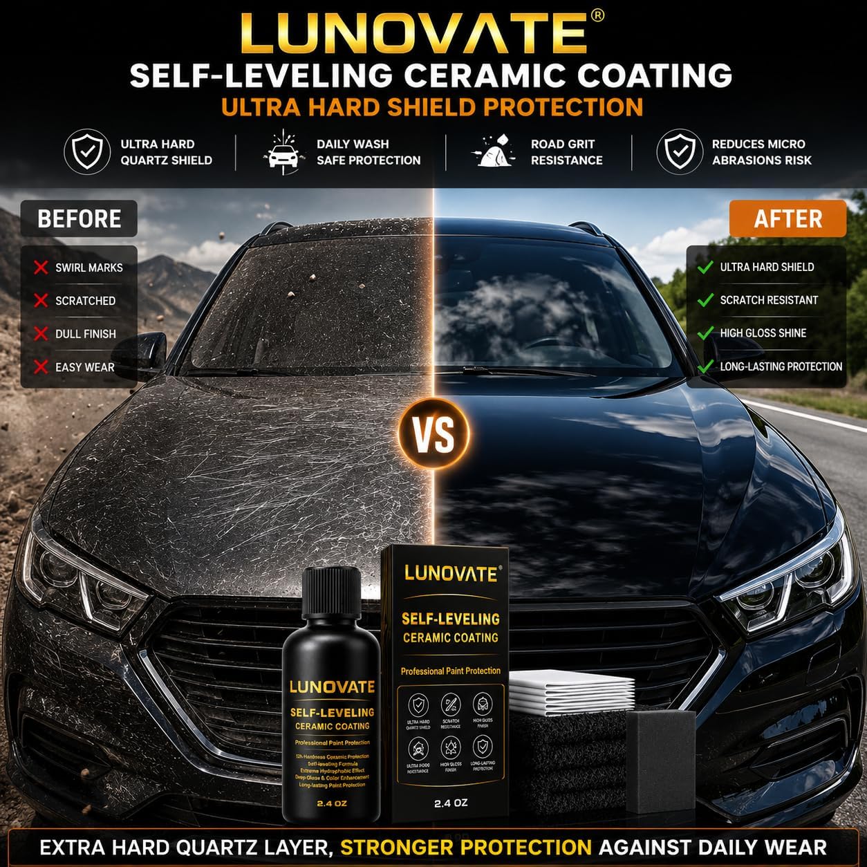 LUNOVATE SmartFlow Matrix™ Self-Leveling Ceramic Coating, 70ml, Professional Nano Ceramic Paint Protection for Cars, Ultra Hydrophobic High Gloss Finish