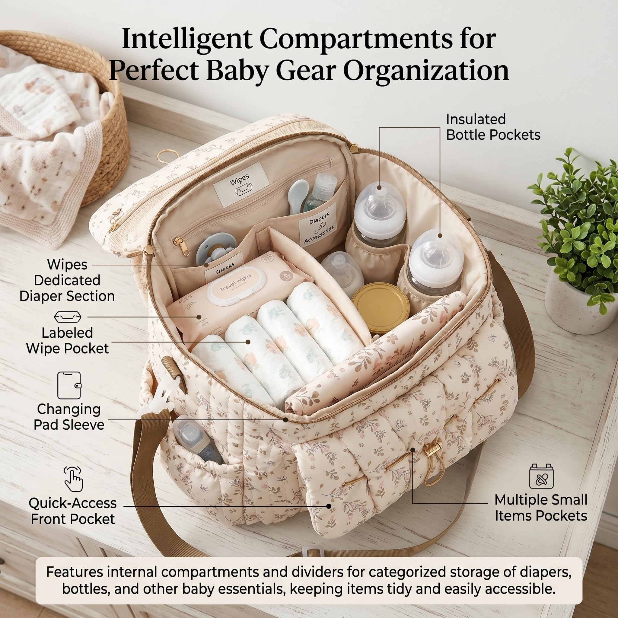 Bolsa de pañales floral, mochila de pañales floral, bolsa de múltiples bolsillos para madres, elegante mochila de viaje y al aire libre para madre (beige)