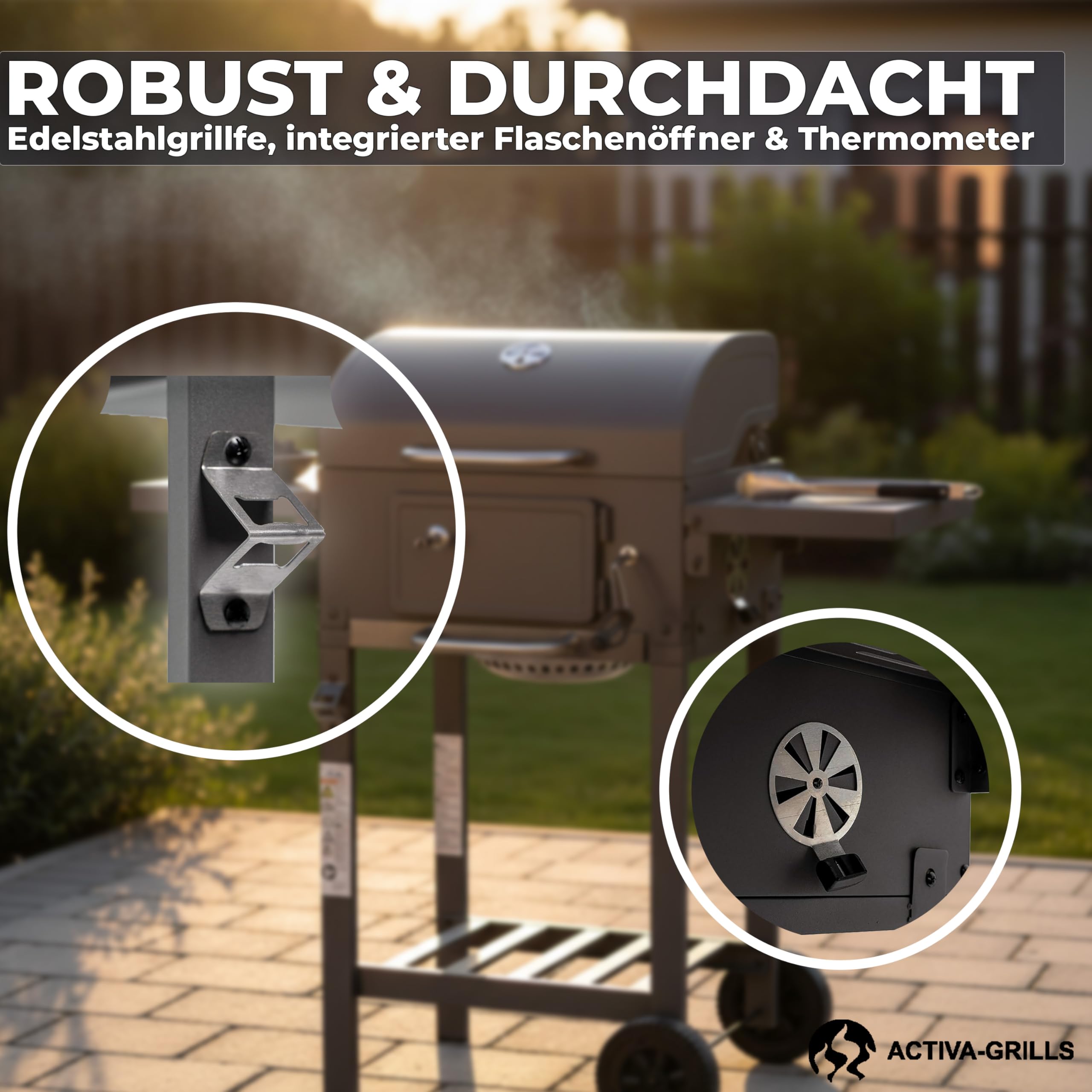 ACTIVA Holzkohlegrill Angular Smart I Holzkohlegrill mit Deckel, verstellbarer Kohlewanne & Thermometer I Grillwagen für ein gelungenes Barbecue