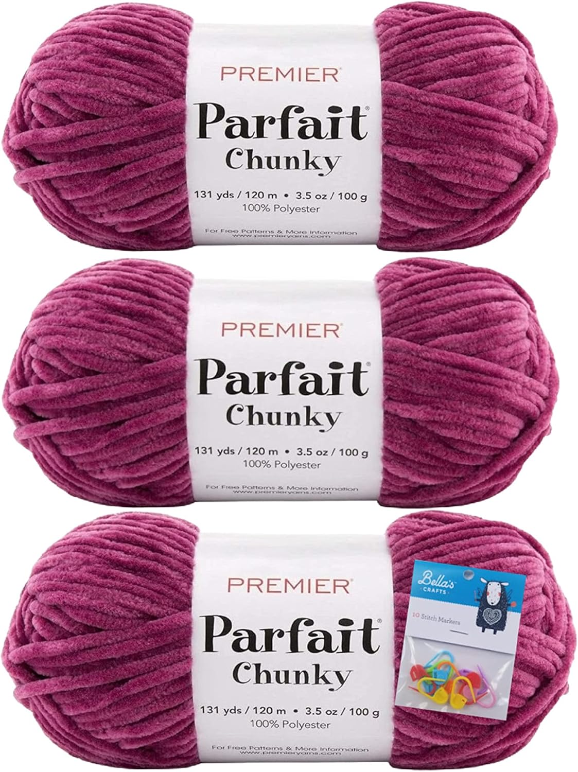 Premier Yarns Parfait Chunky Chenille 3.5 Oz 6 Super Bulky Weight 3 Pack Bundle with Bella's Stitch Place Holders (Cream)