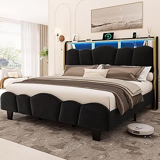 LARMACE Queen Size Bed Frame with LED Lights and Charging Station Velvet...
