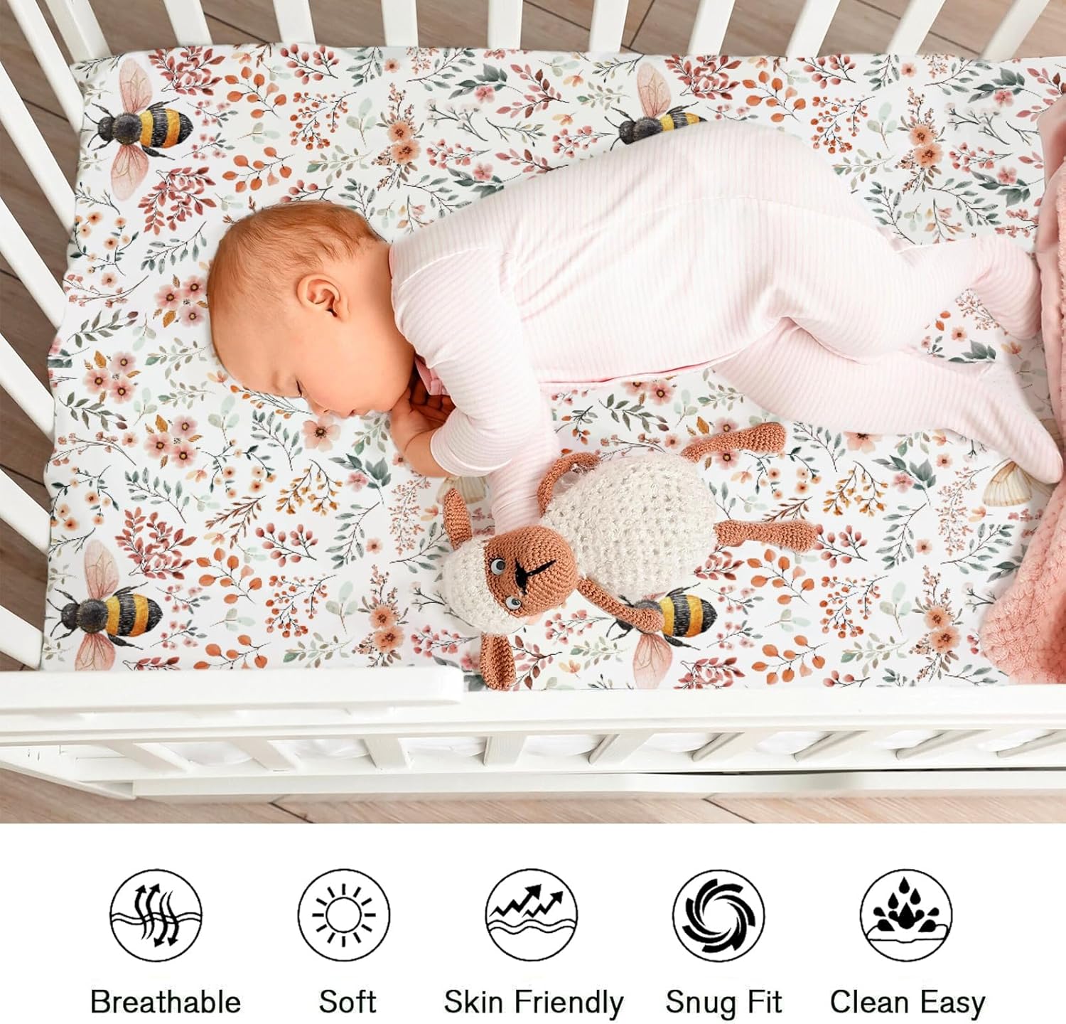 Honey Bloom Bees Butterflies Floral Fitted Baby Crib Sheet for Boy Girl 52"x28" Sweet Bees Honey Flowers Crib Mattress Covers Soft Breathable Baby Sheets for Standard Crib and Toddler Bed Mattresses