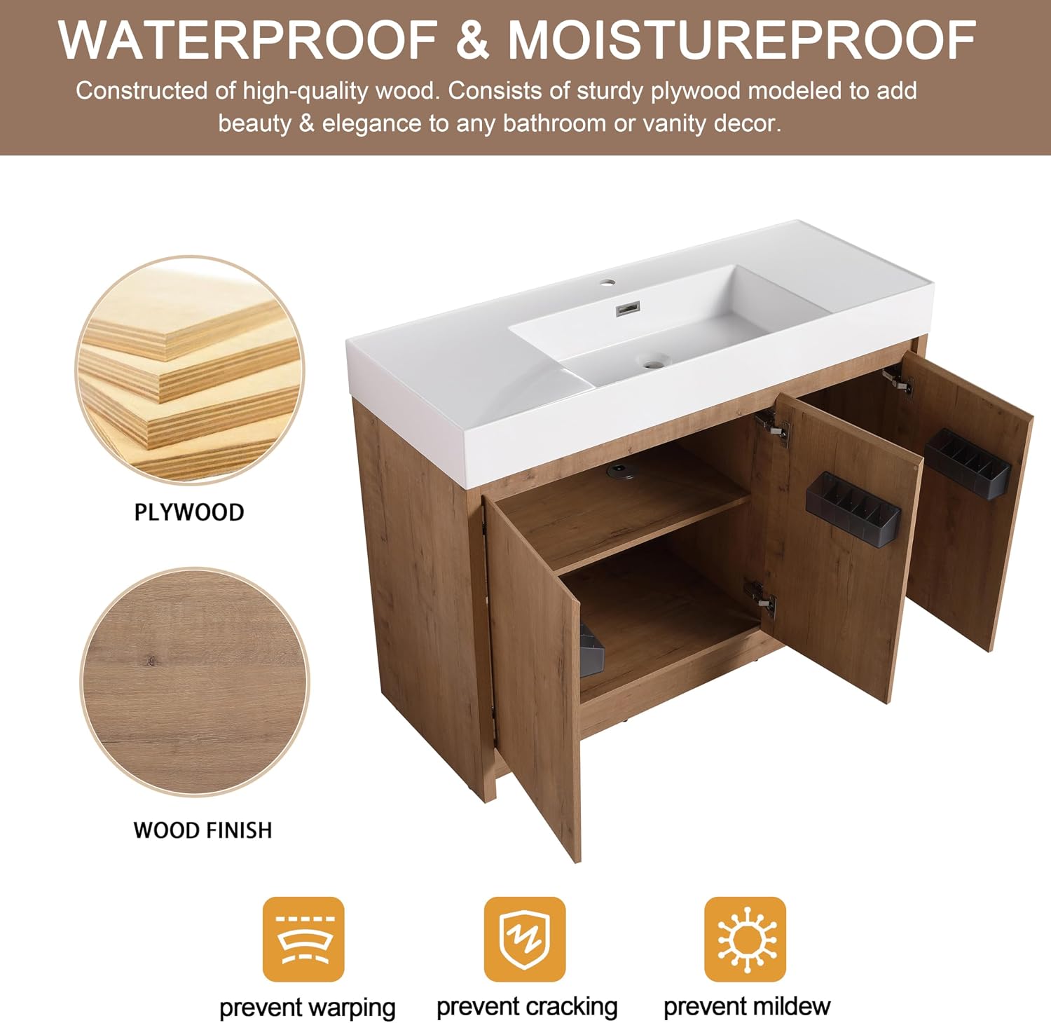 48 Inch Bathroom Vanity with Sink, Freestanding Bathroom Vanity with Middle Resin Basin, Bathroom Sink Cabinet with Soft Closing Doors, Brown Modern Floor Stand Single Sink Cabinet Combo Set