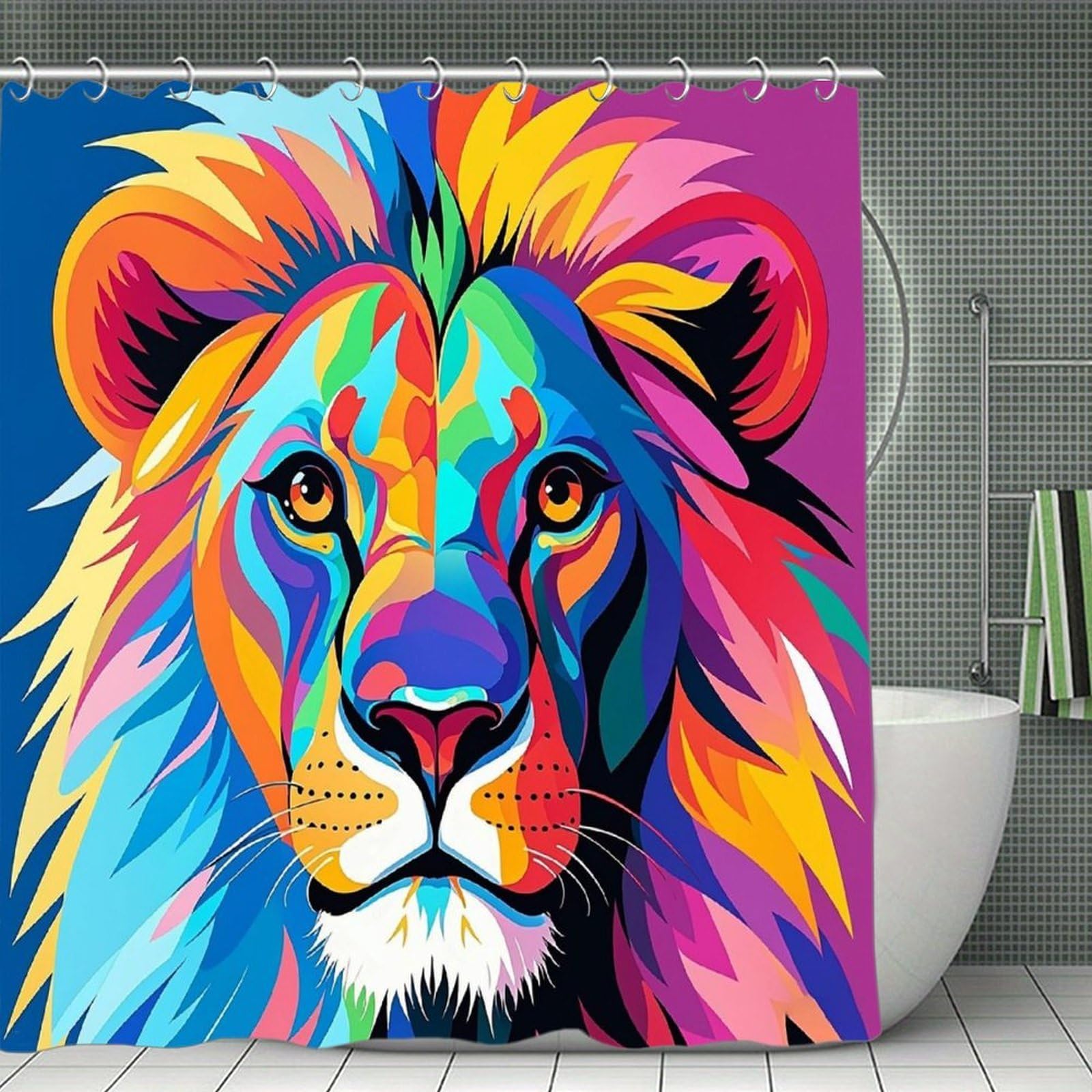 FekiLoot Colorful Lion Shower Curtain Minimalist Thick Bathroom Curtain Washable Modern Bathroom Shower Curtain Heavy Duty Waterproof Cloth Bath Curtain with Hooks 70.8"x70.8"