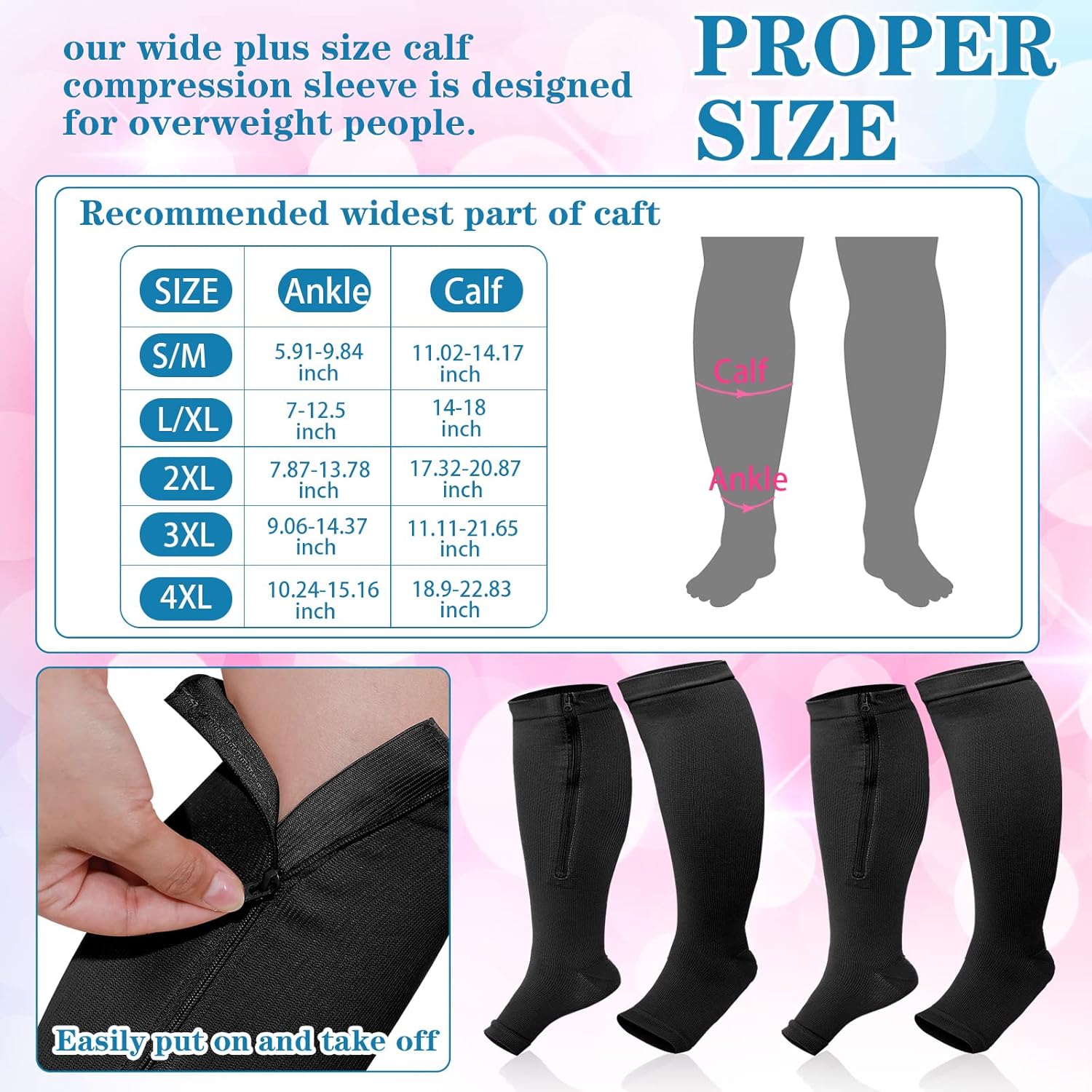 Hillban 2 Pair Plus Size Calf Zipper Compression Socks 15 to 20 Mmhg Open Toe Compression Stockings for Overweight Women Men - Image 2