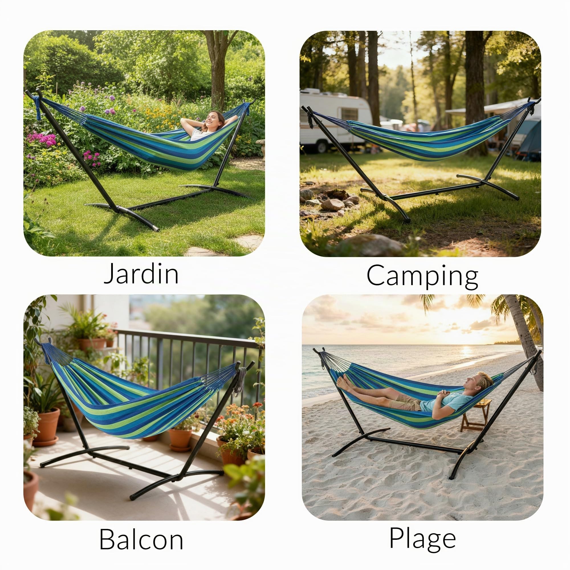 LEHMANN Hamac avec Support en Acier, Capacité de Charge 200 kg, pour 2 Personnes, Pliable et Transportable avec Sac de Transport, idéal pour Camping, Jardin et Balcon