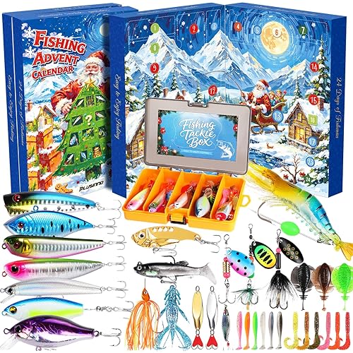 PLUSINNO Fishing Advent Calendar 2025 with Tackle Box and Premium Lures, 24 Days Christmas Countdown Advent Calendar Fishing Gifts for Men, Teens, Boys