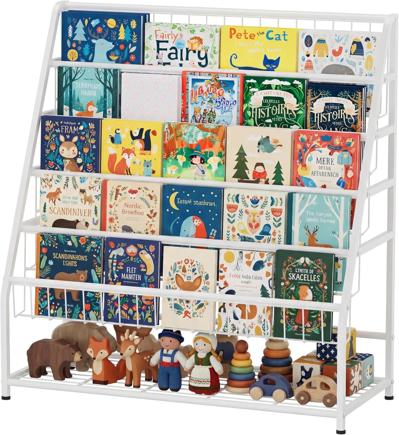 JAQ Toddler Bookshelf for Girls, 4-Tier Metal Kids Child Bookcase Rack with Toy Storage Organizer in Playrooms Nursery Clasroom Corner Library for Infants Baby Young Children (24.92 inch, Pink)