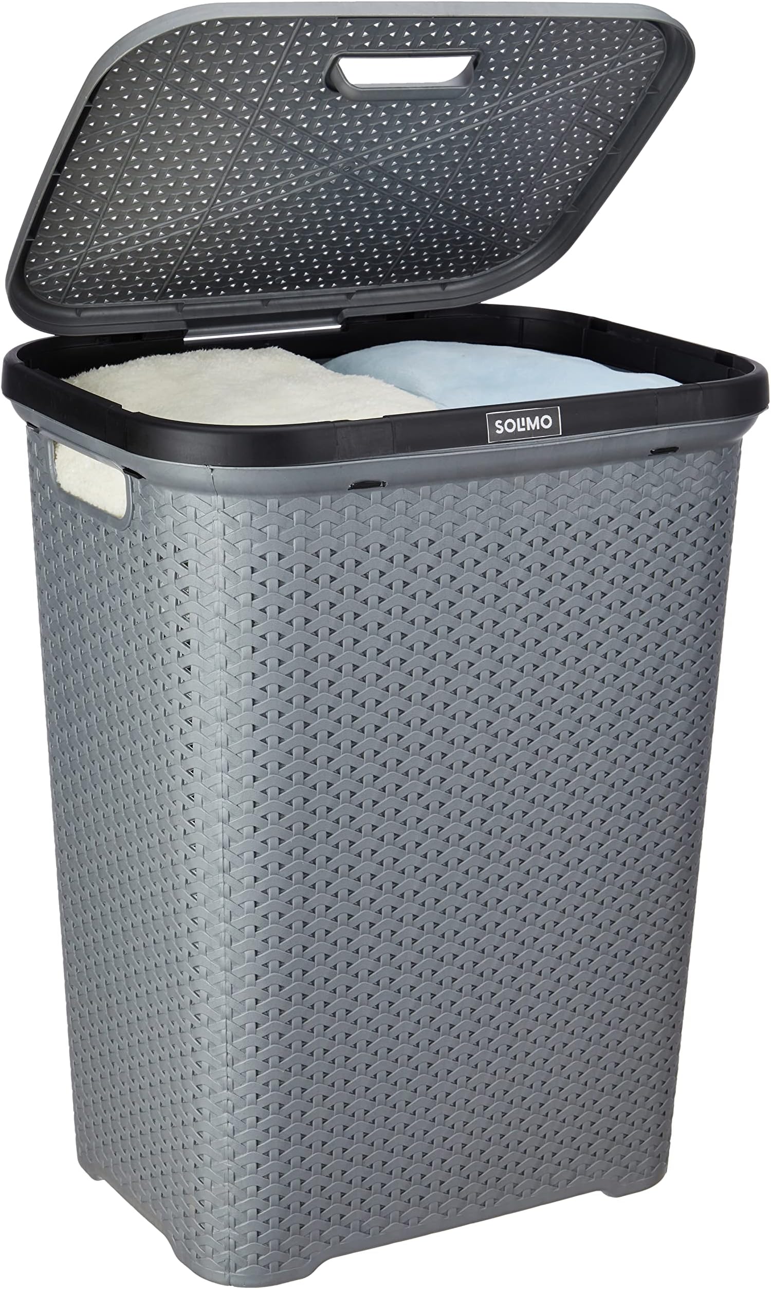 Amazon Brand Solimo Laundry Basket with Lid, 55 Litres, Silver
