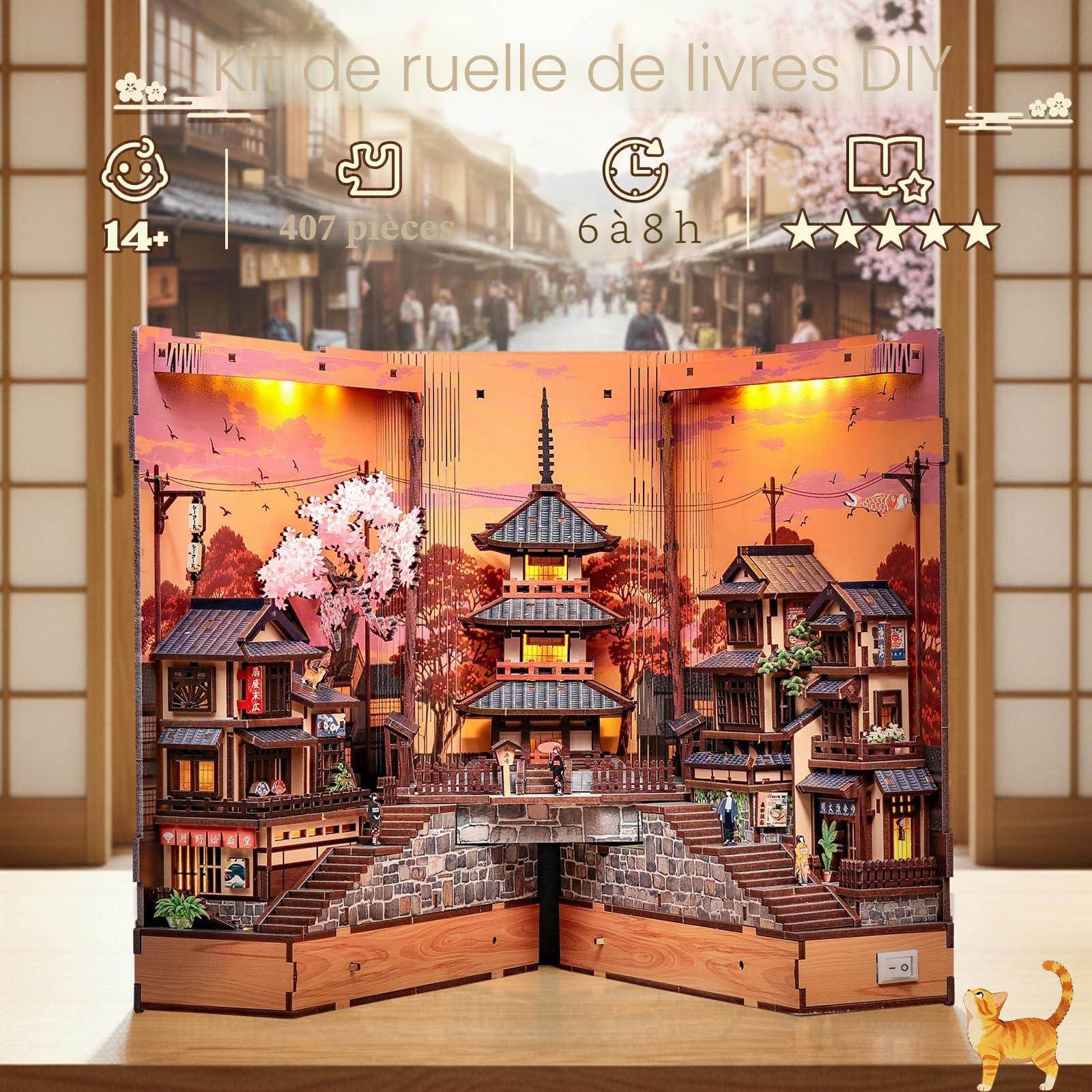 CUTEBEE Book Nook Kit - Maison de Poupée pour Adultes, Scène de Rue Japonaise Miniature, Décoration de Bibliothèque, Cadeau pour la Famille (Twilight Sakura Path)