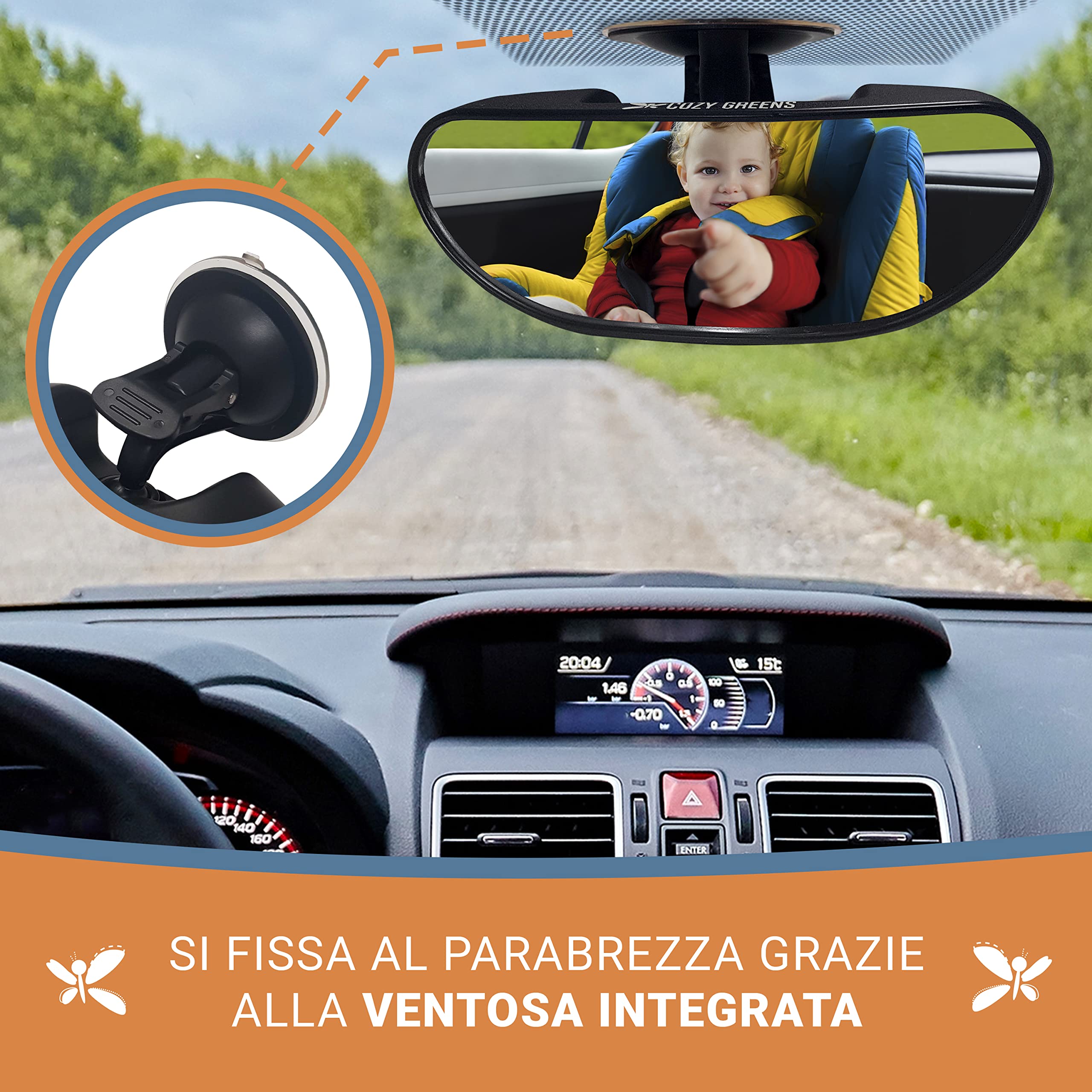 COZY GREENS Specchio Auto Per Bambini Parabrezza Per Neonati Frontale, Specchio Di Sicurezza Per Bambini Infrangibile, Ventosa Regolabile (S)