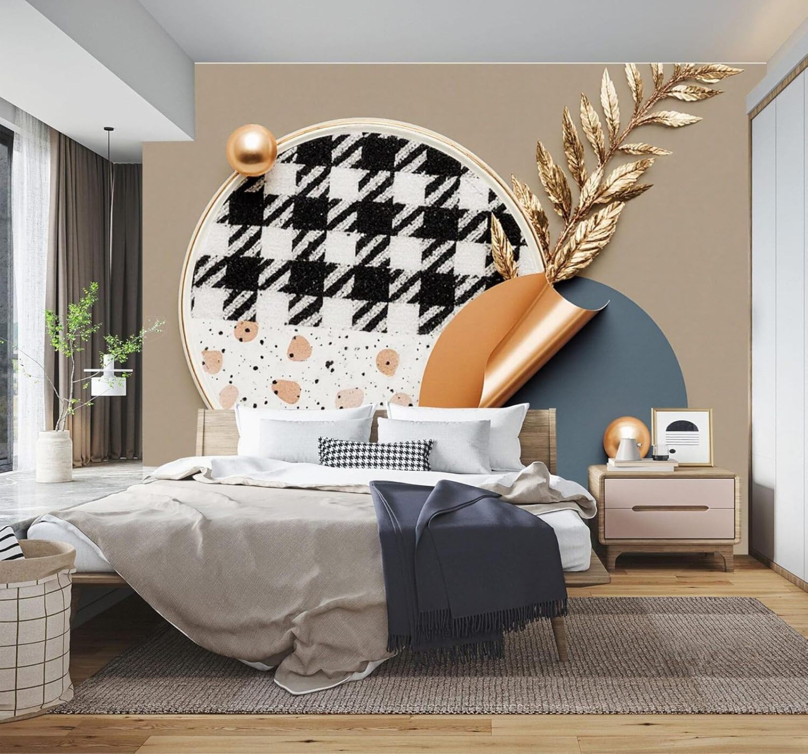 XLMING Abstract Creative Geometric Shapes Gold Leaves Pearls 3D Wallpaper Silky Texture Home Study Office Grey Dining Room Sofa Bedroom Living Room TV Backdrop-250cm×170cm