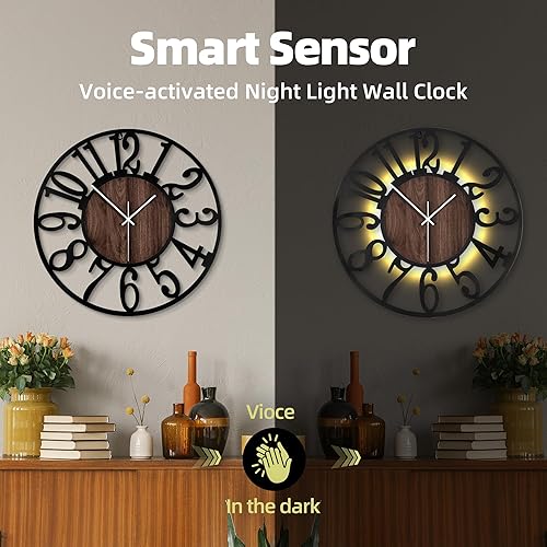 Miniatura 3 de Reloj de pared de metal grande de 20 pulgadas con sensor de voz y luz, luz nocturna, que brilla en la oscuridad, sin tictac, funciona con pilas,