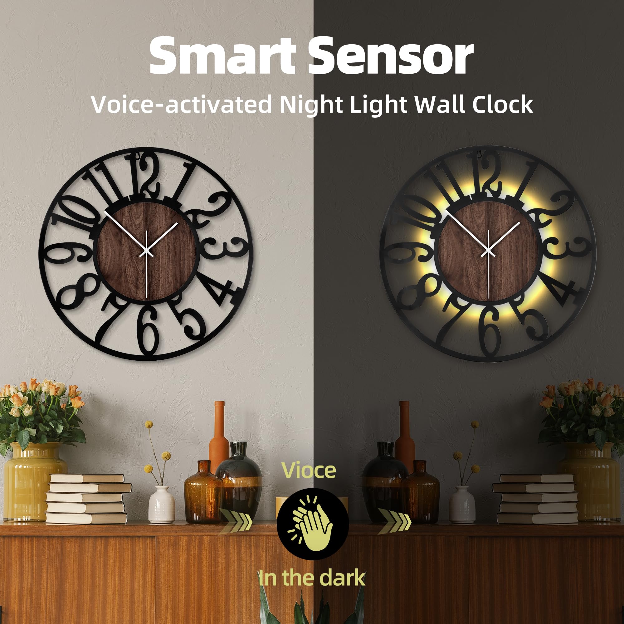 Leuchtende Wanduhr Geräuschlos – 50 cm Große Batteriebetriebene Uhr mit Nachtlicht, Ohne Ticken, LED Licht im Dunkeln, Moderne Metall Wanduhr in Holzoptik für Wohnzimmer Schlafzimmer Küche
