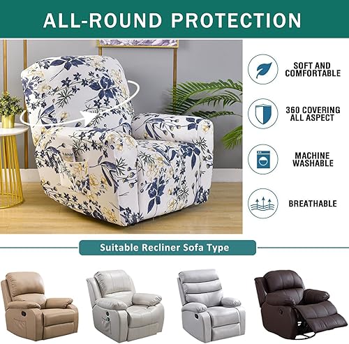 Miniatura 5 de NILUOH Funda elástica para sillón reclinable de 4 piezas, con estampado floral, funda antideslizante para sofá reclinable, protector de muebles con