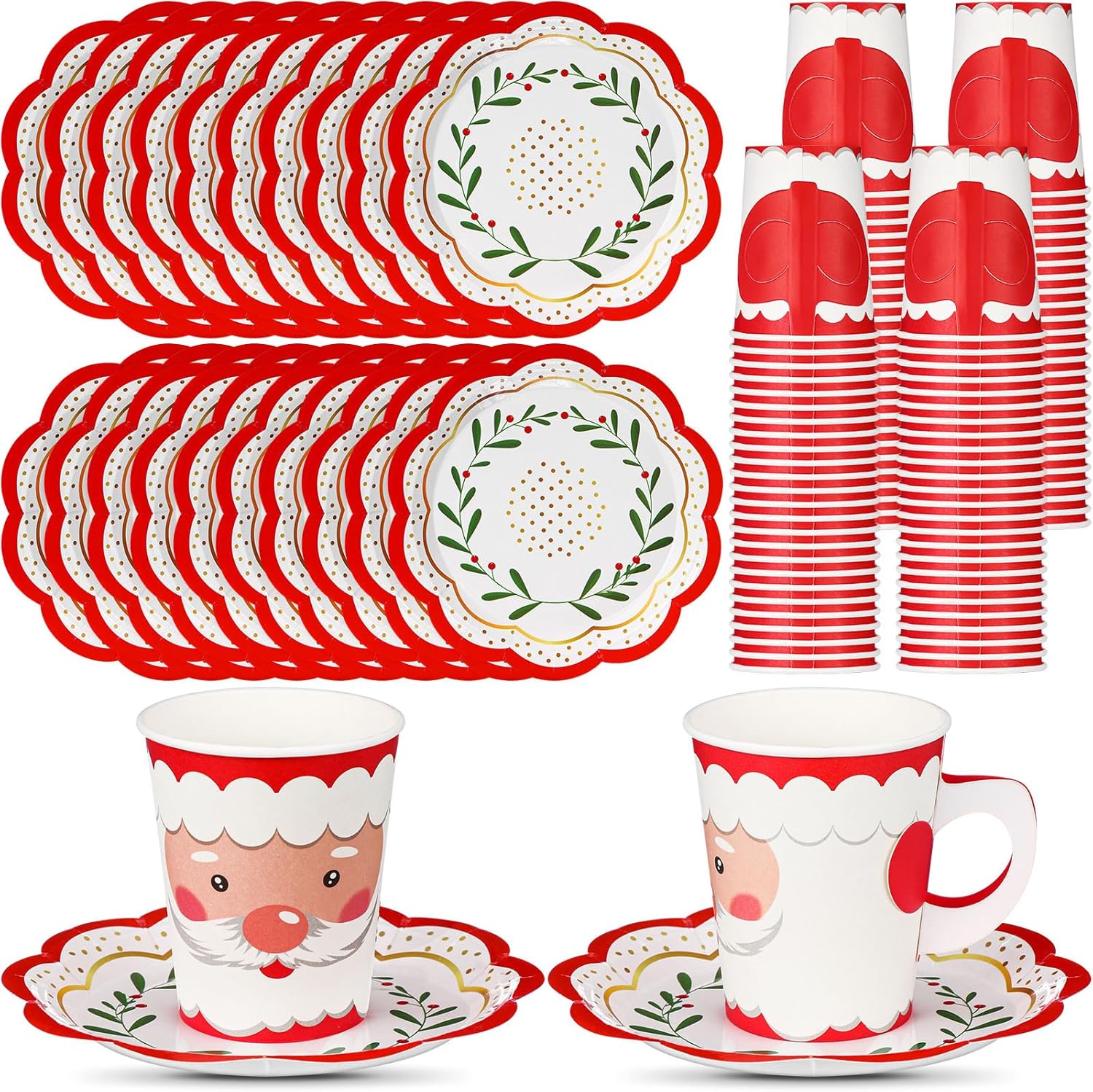 Honeydak 100 Pcs Christmas Disposable Paper Cups and Saucers Include 50 Pcs 9 oz Xmas Paper Cups with Handle Disposable Christmas Hot Chocolate Mugs Xmas Plates Teacups Set(Elk)