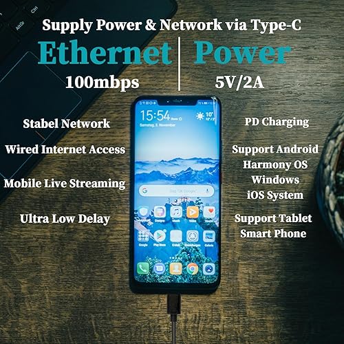 Miniatura 5 de REVOTECH Convertidor adaptador PoE a USB C, convierte POE a salida 5V2A Tipo-C con Ethernet, IEEE802.3af con 10100Mbps, banda ancha con cable y