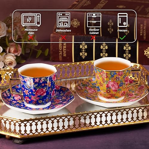 Miniatura 6 de KAMMAK Juego de 2 tazas de té y platillos, taza de café de porcelana con platillo para espresso, capuchino, taza de cerámica vintage de 4.5 onzas,