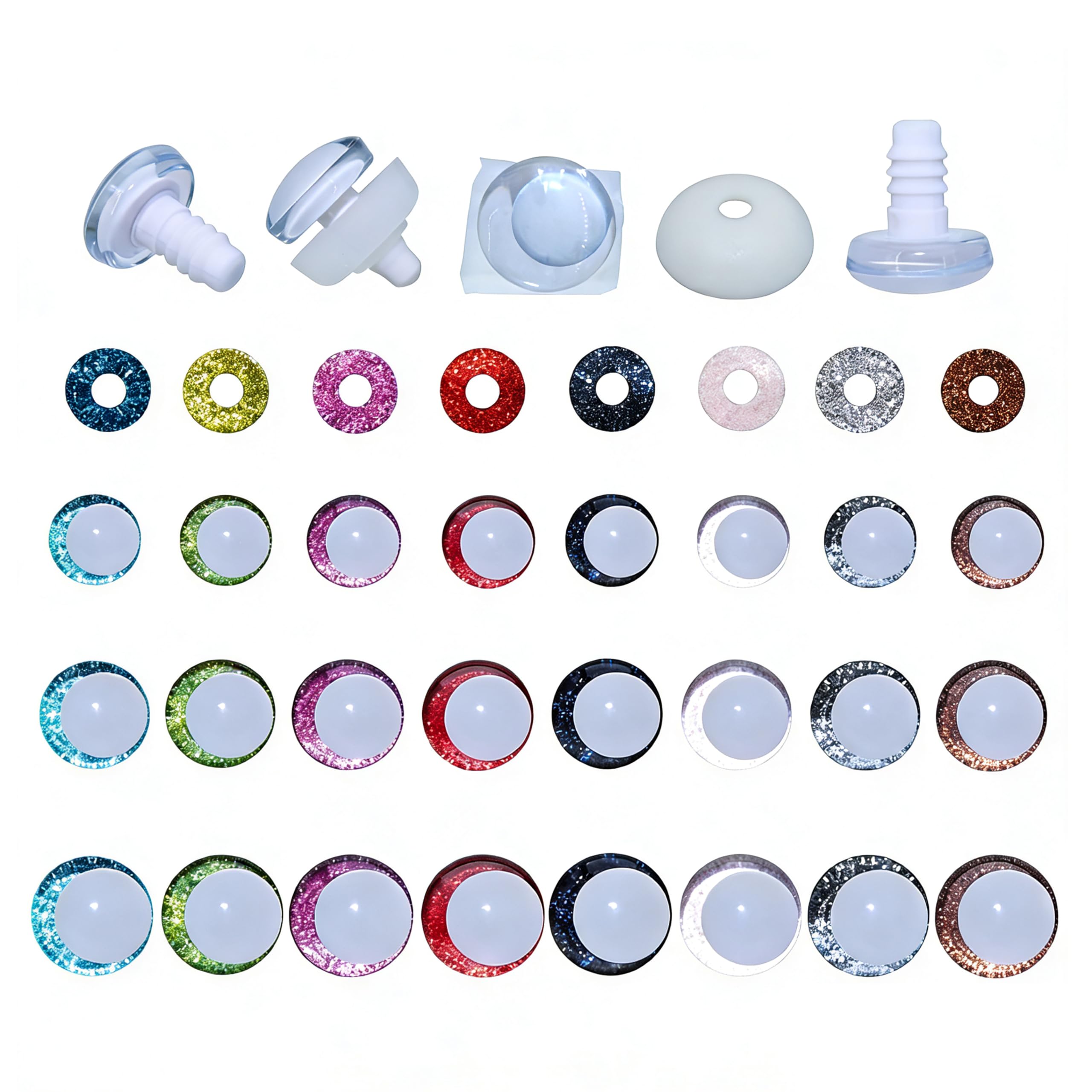 ARTCXC 96Pcs 18-25mm 3D Glitter Safety Eyes with Washers for Crocheting White Eyeball Moon Safety Eyes for Amigurumi Crochet Eyes for DIY Making Plush Animal Doll Puppet Animal.etc DIY Project