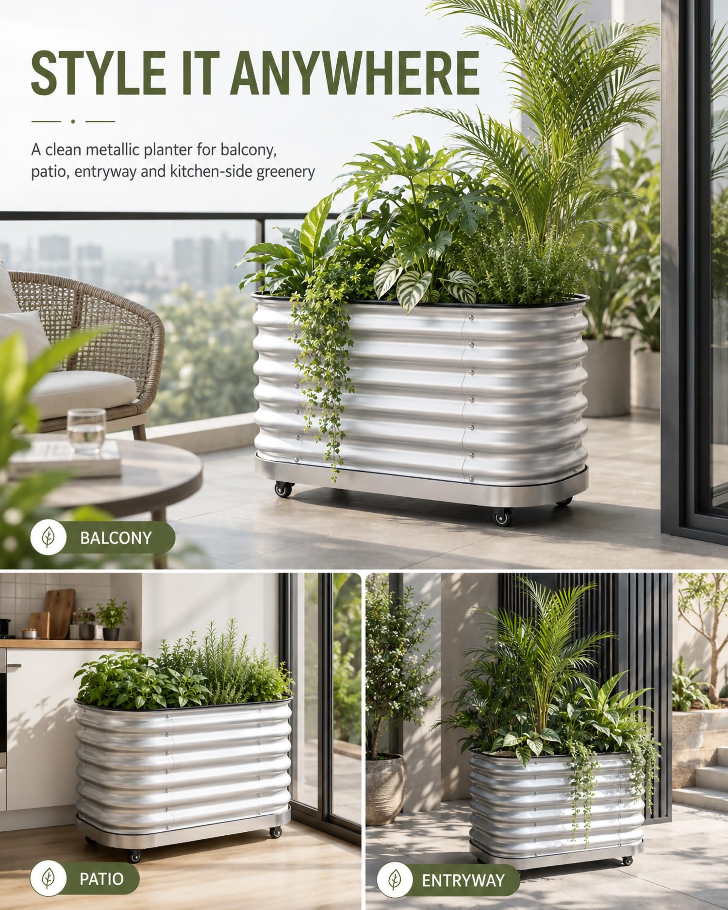 Fioriera Da Esterno in Metallo in Acciaio INOX 304 con Ruote E Spazio Profondo, Aiuola Rialzata in Metallo con Ruote, Vaso per Fiori per Erbe, Fiori E Verdure,60 * 60 * 53cm/23 * 23 * 20in