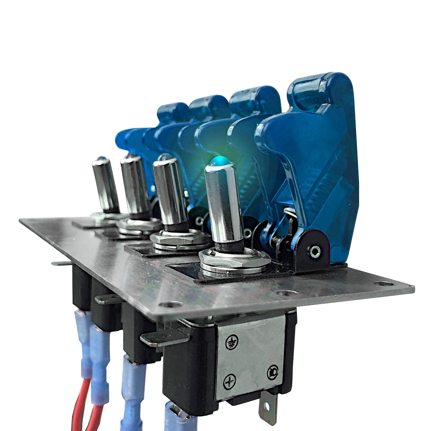 MGI SpeedWare 4 LED Lighted Toggle Rocker Switch Panel 12vDC Automotive & Truck Auxiliary, Stainless Steel, Safety Covers (Blue)