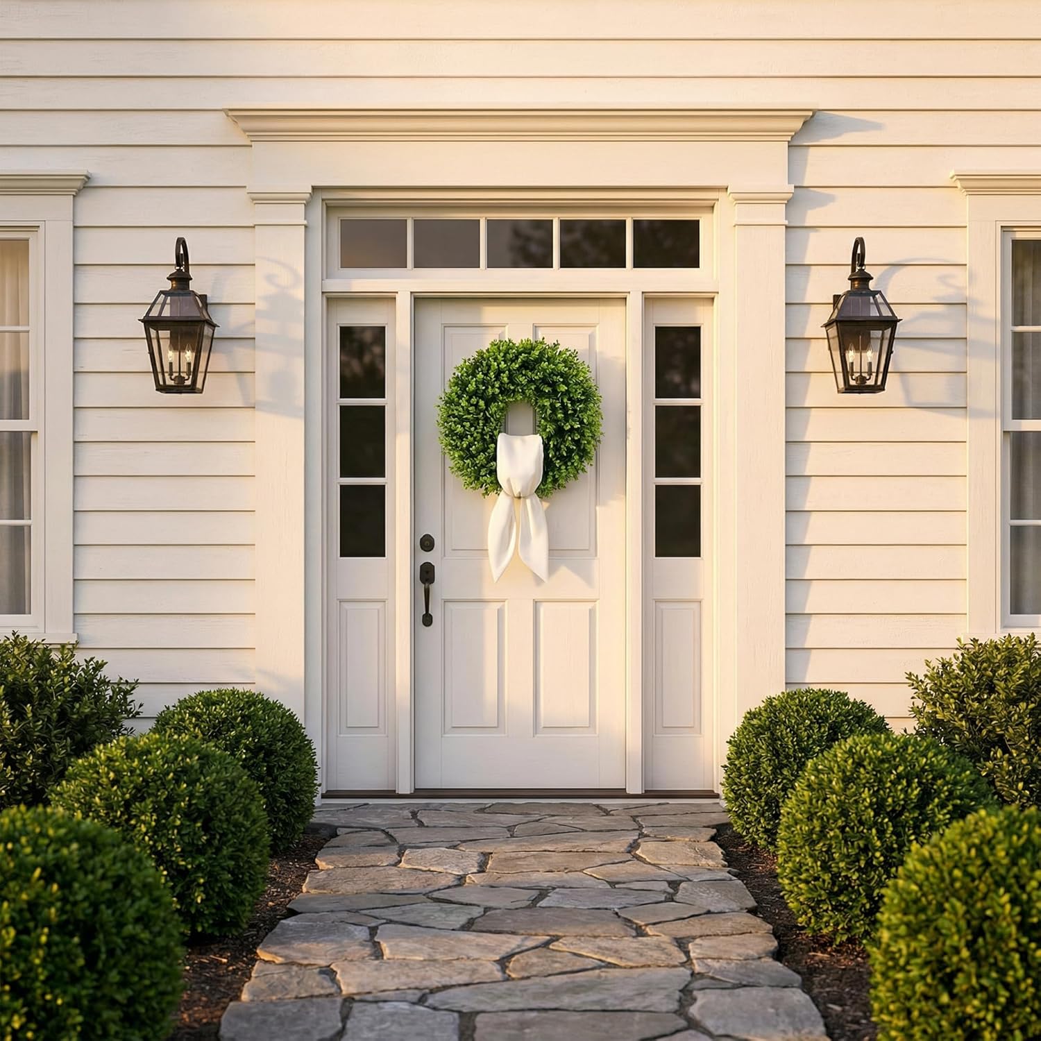 22 Inch Artificial Boxwood Wreath for Front Door - Folding Spring Summer Greenery Wreath with Sash, All Year Round Indoor Outdoor Decor for Farmhouse, Wedding, St Patrick's Day (Green)