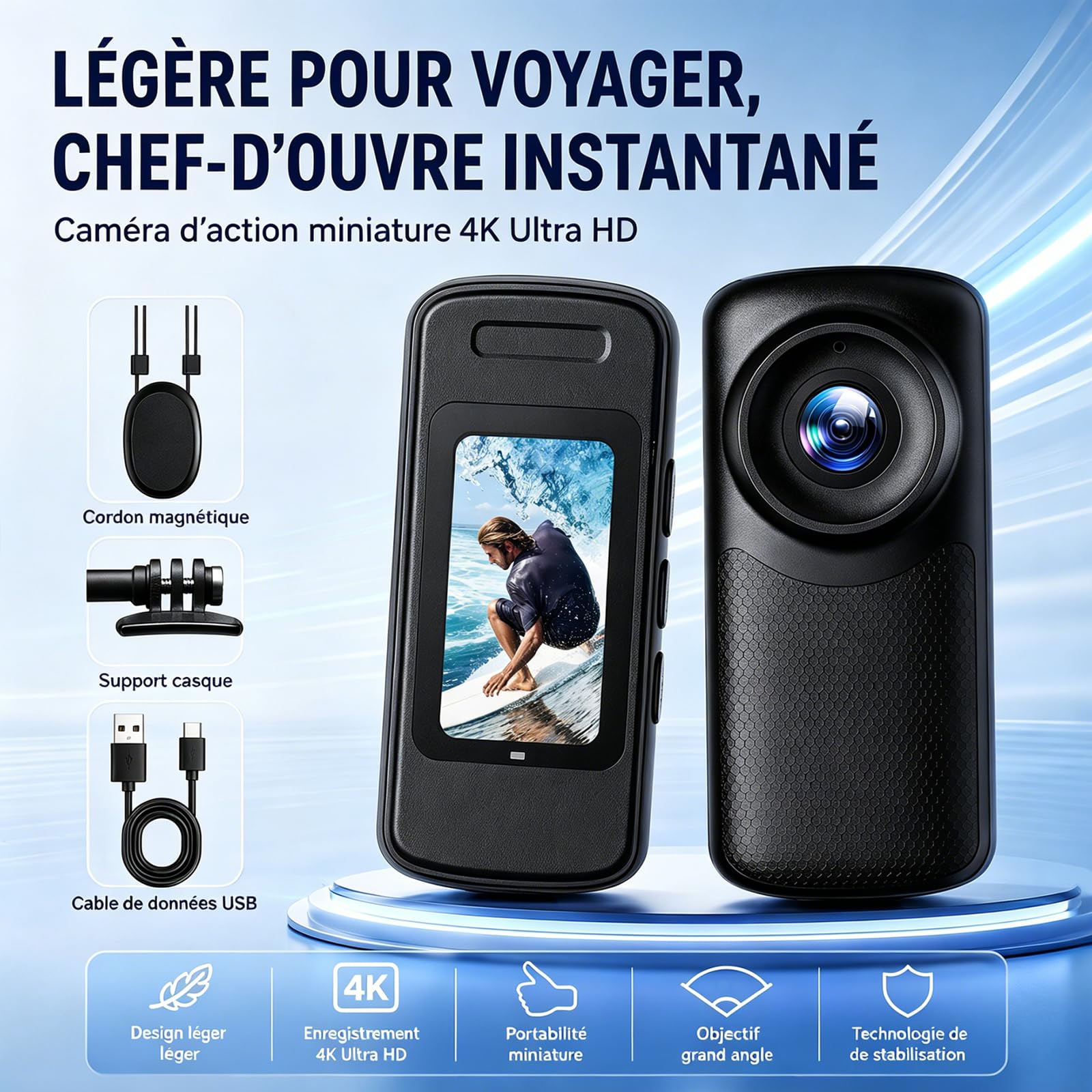 Caméra d'action magnétique portable 1080p HD avec objectif grand angle de 110 degrés et batterie de 1000 mAh pour promenades avec animaux de compagnie, travail, voyage, enregistrement en plein