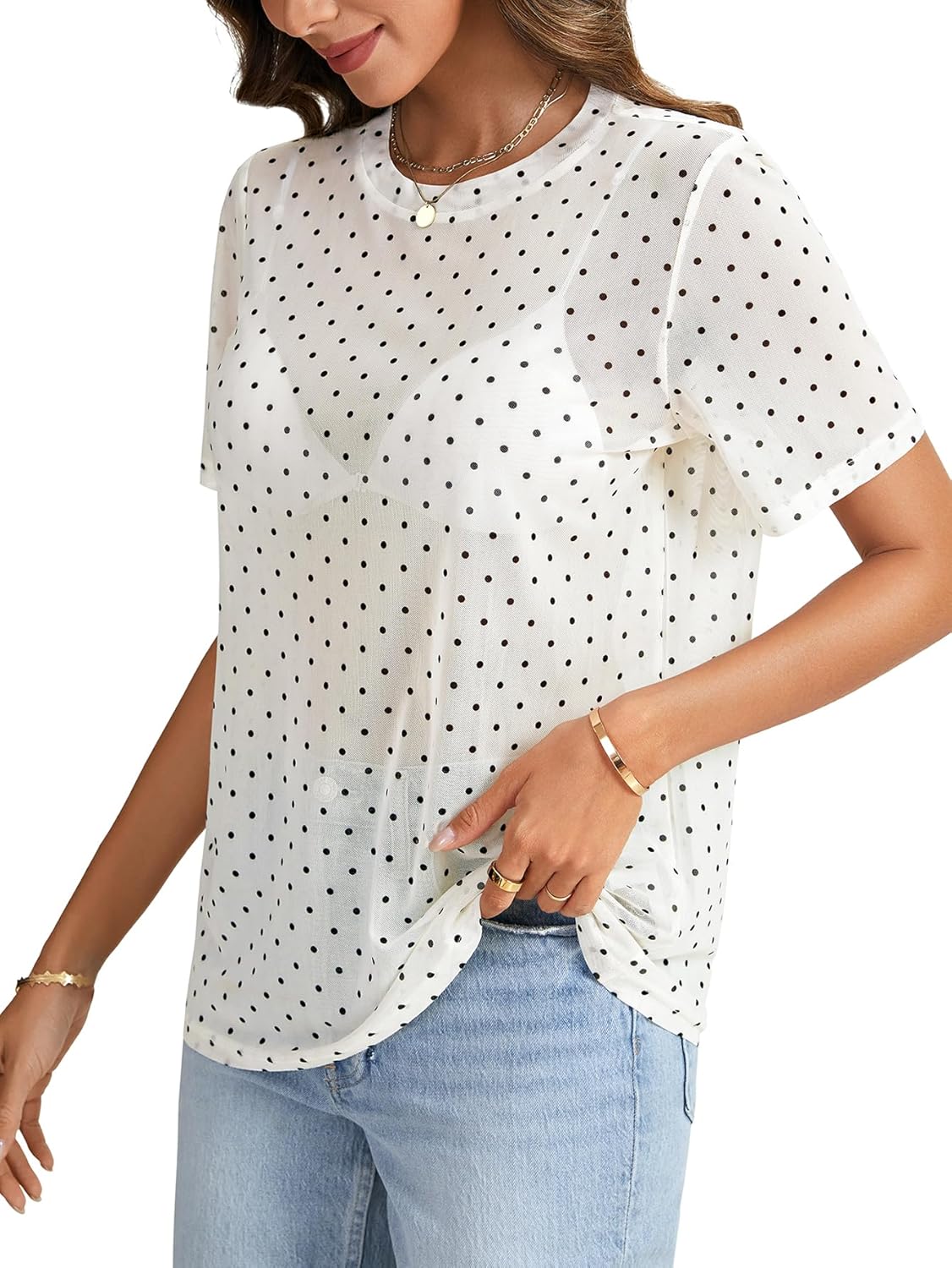 Rooscier Women's Sheer Mesh Short Sleeve Round Neck See Through Sexy Blouse Shirt Top - Image 4