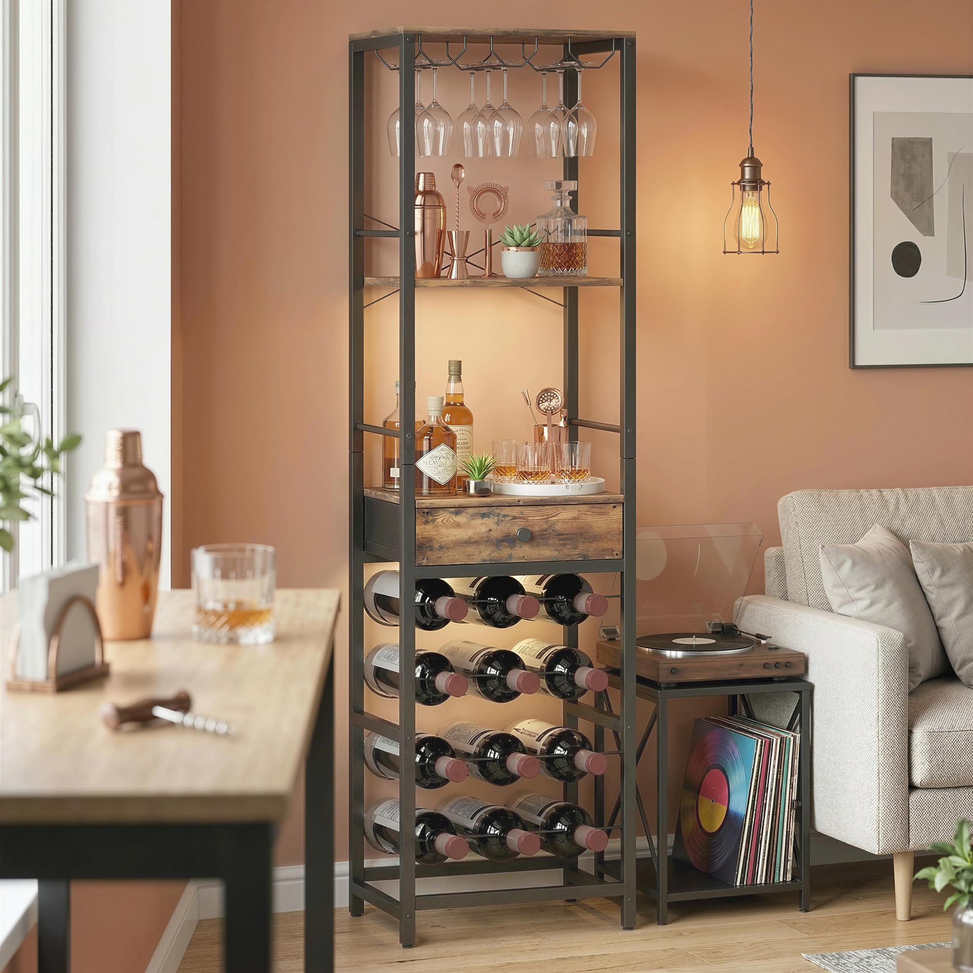 HOMCOM Casier à Bouteilles pour 12 Bouteilles, casier à vin avec étagère Ouverte et tiroir, Style Industriel, étagère à vin en métal pour Cuisine, Salon, Bar, 40 x 30 x 148 cm, Brun Rustique